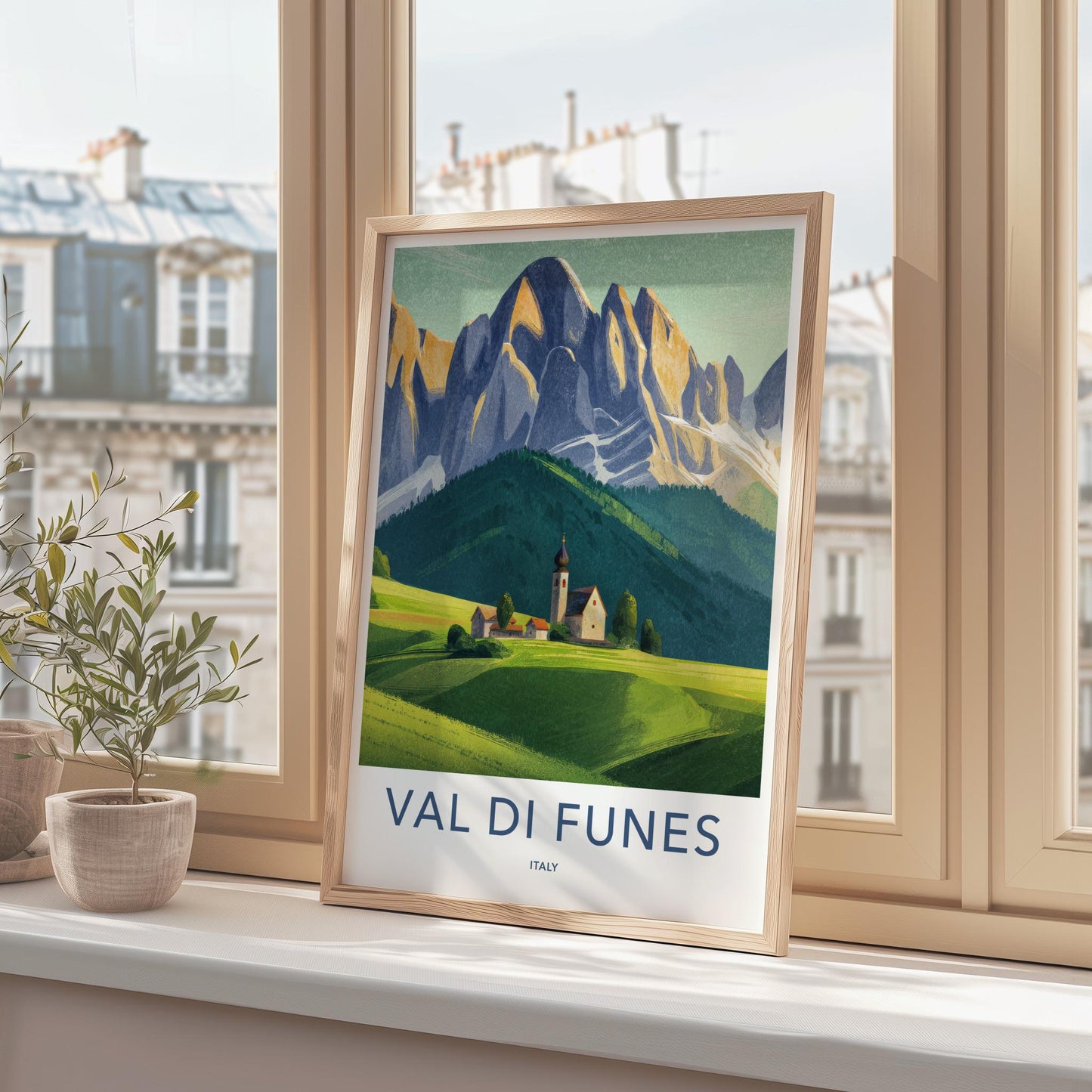 Val Di Funes Poster - Italy Travel Art - Alpine Village Church Home Decor