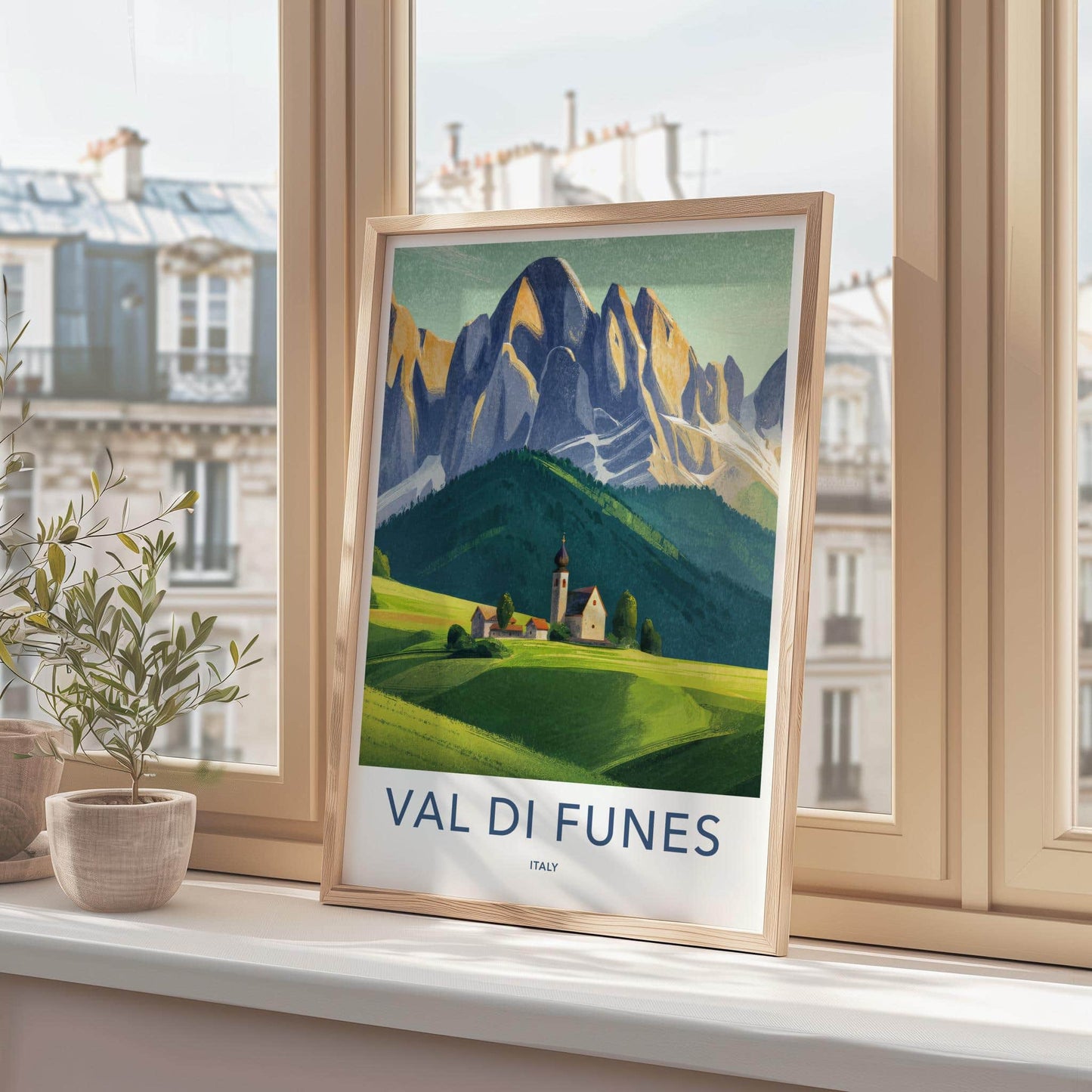 Val Di Funes Poster - Italy Travel Art - Alpine Village Church Home Decor