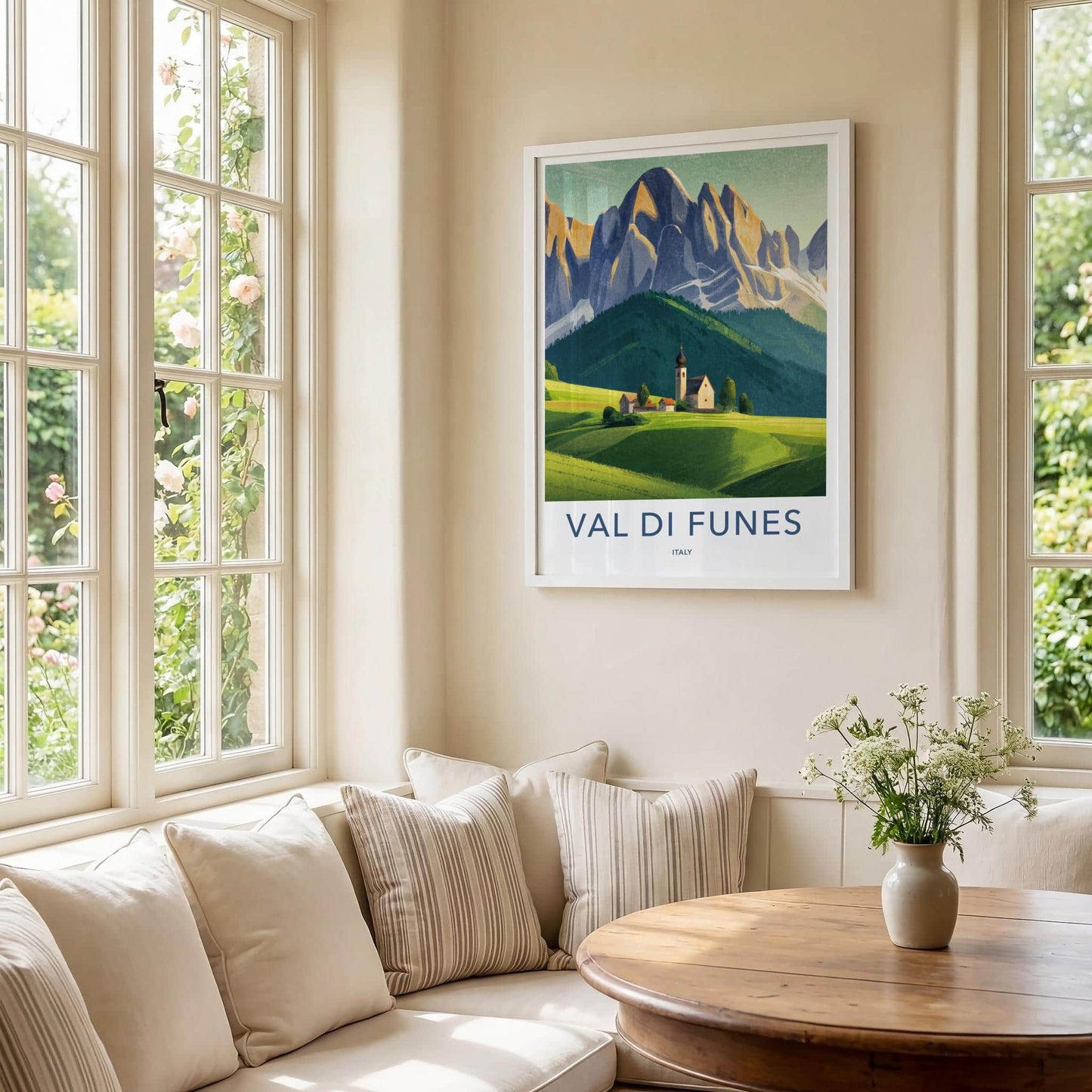 Val Di Funes Poster - Italy Travel Art - Alpine Village Church Home Decor