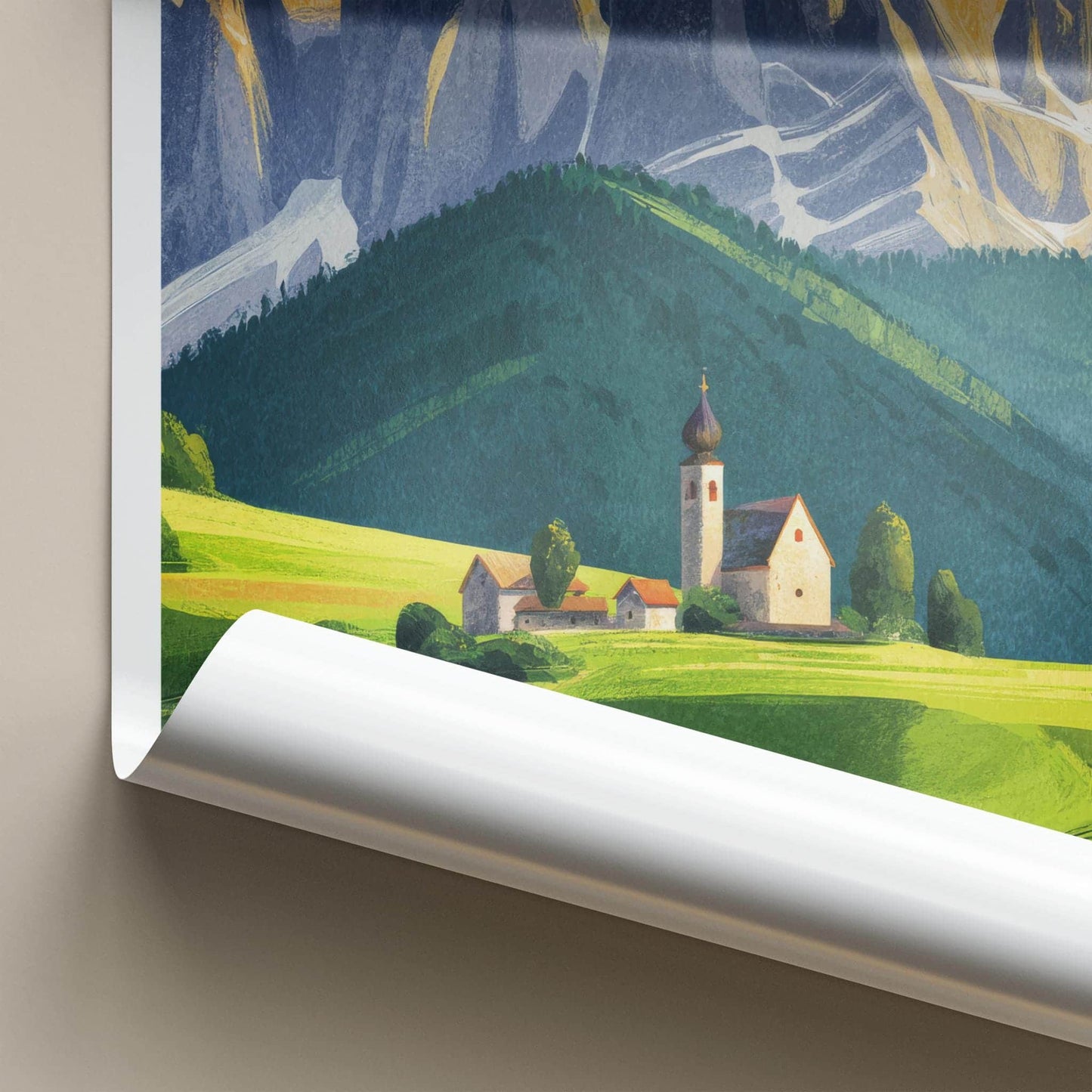 Val Di Funes Poster - Italy Travel Art - Alpine Village Church Home Decor