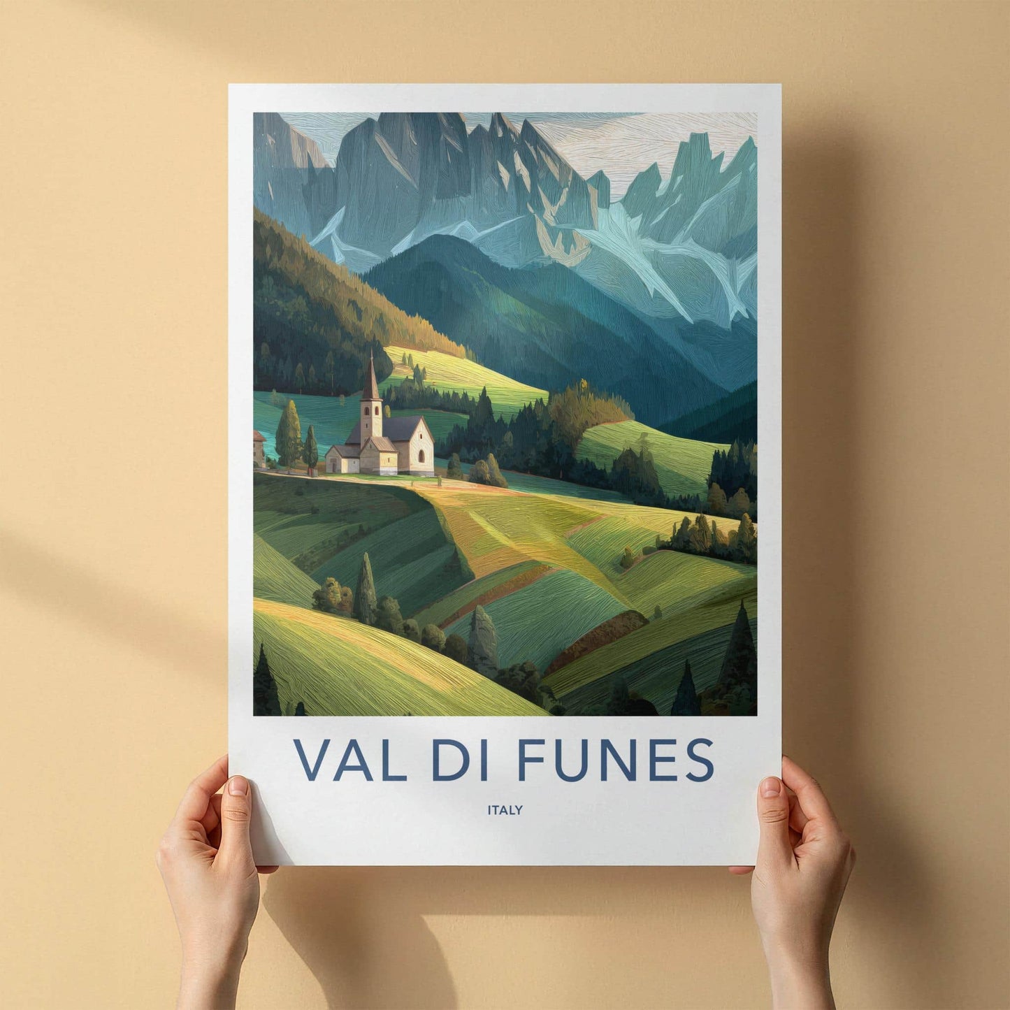 Val Di Funes Poster - Italy Travel Art - Mountain Valley Church Home Decor