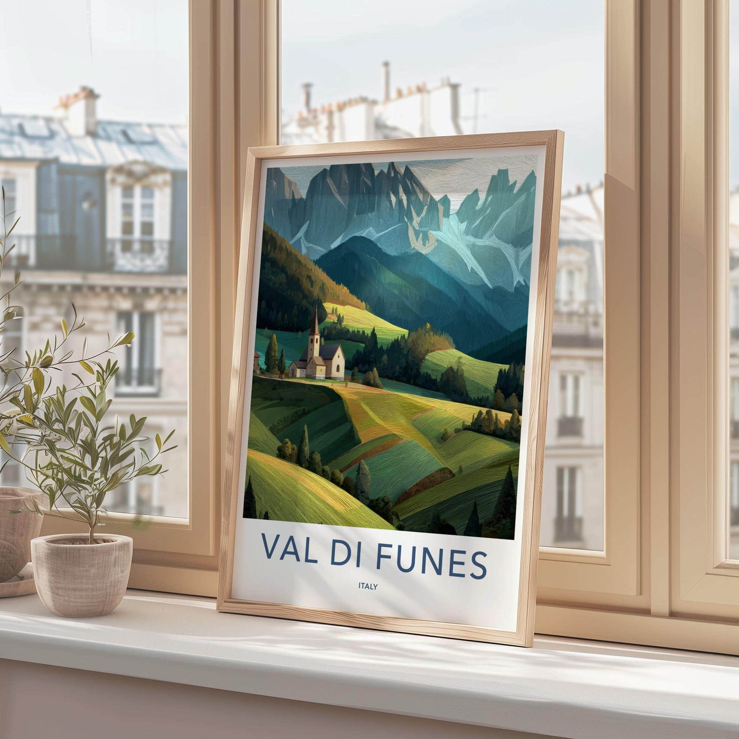 Val Di Funes Poster - Italy Travel Art - Mountain Valley Church Home Decor