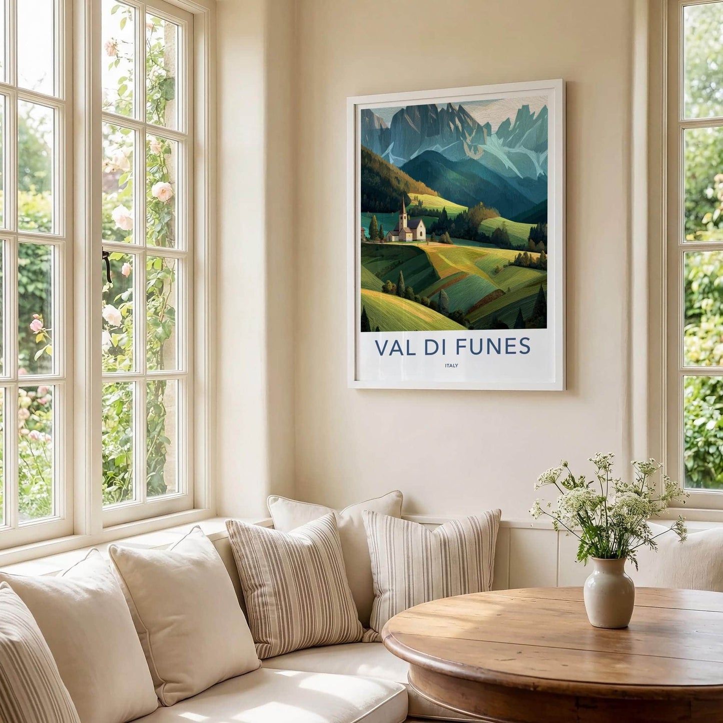 Val Di Funes Poster - Italy Travel Art - Mountain Valley Church Home Decor