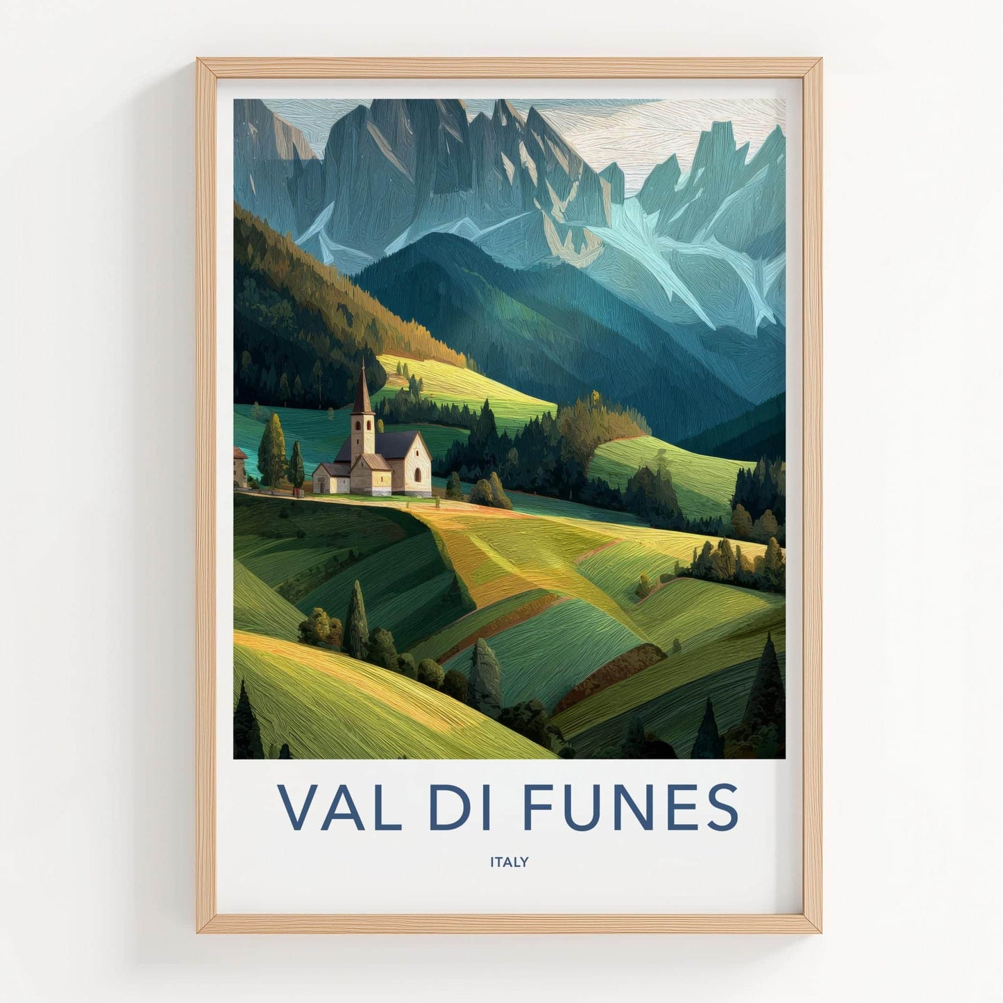 Val Di Funes Poster - Italy Travel Art - Mountain Valley Church Home Decor