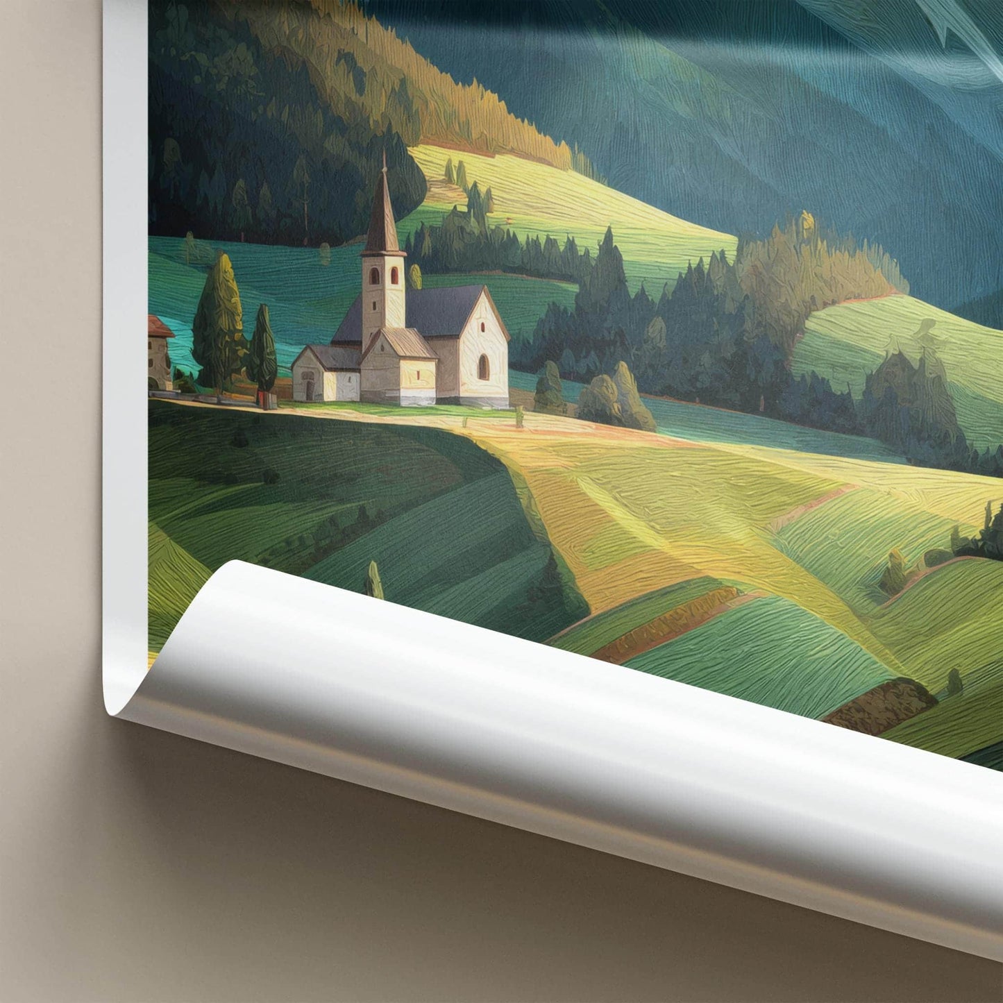 Val Di Funes Poster - Italy Travel Art - Mountain Valley Church Home Decor