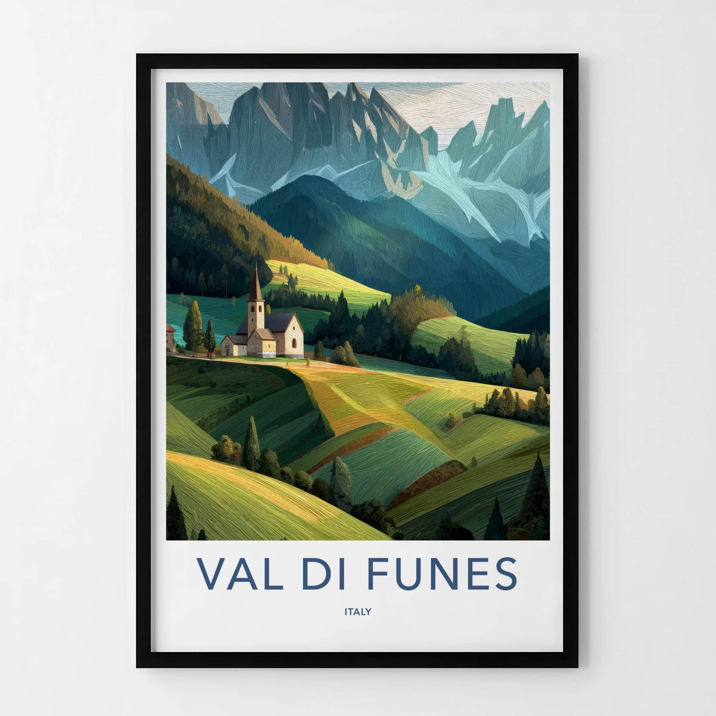 Val Di Funes Poster - Italy Travel Art - Mountain Valley Church Home Decor