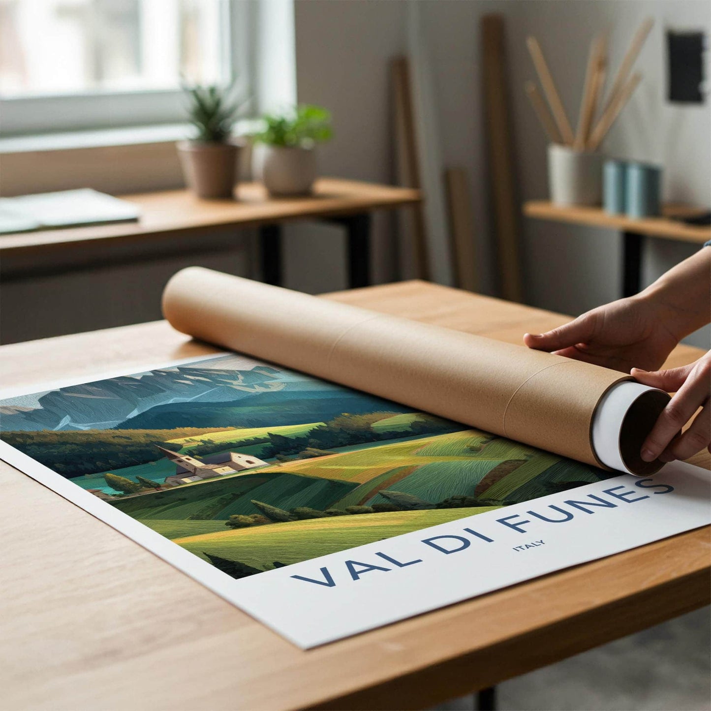 Val Di Funes Poster - Italy Travel Art - Mountain Valley Church Home Decor