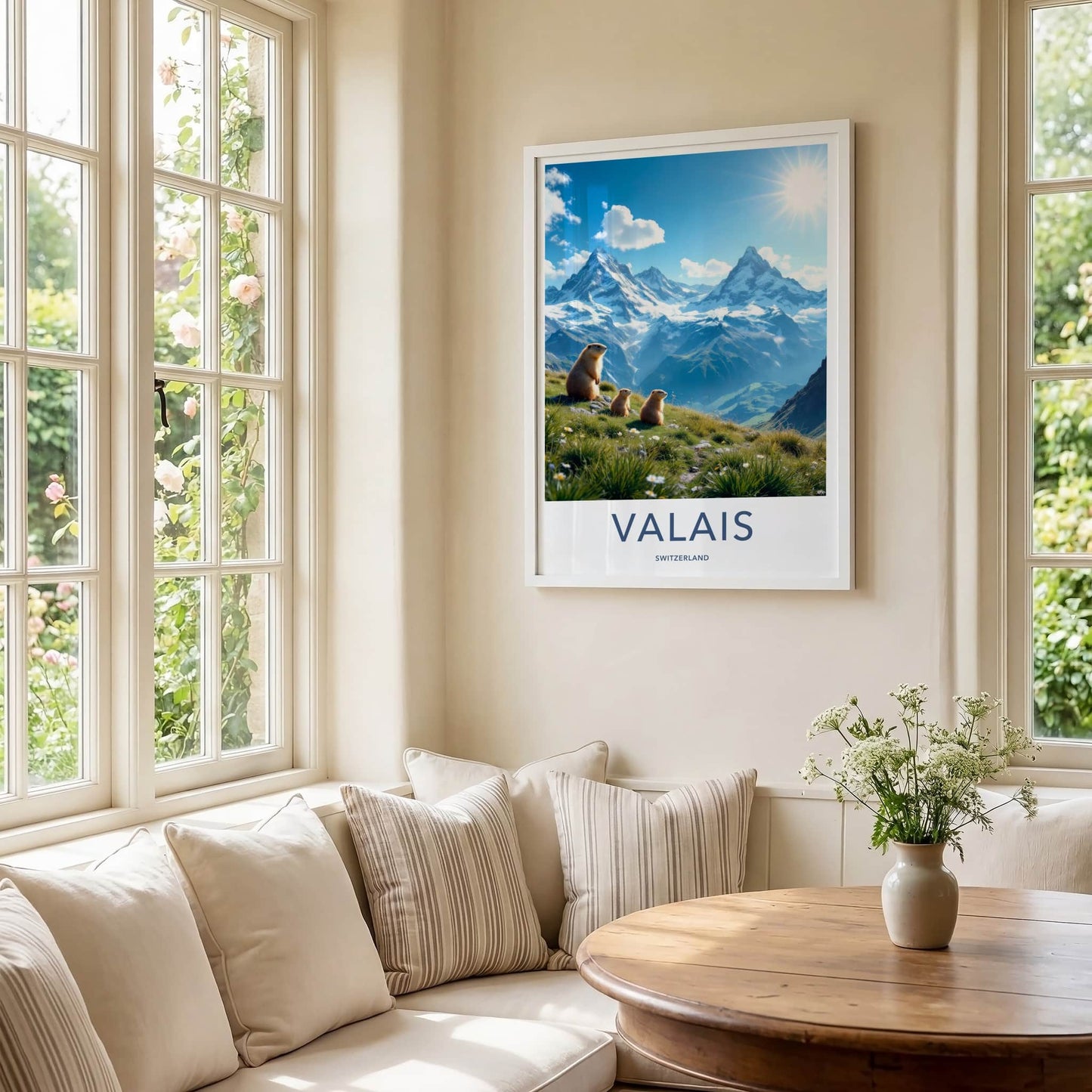 Valais Poster - Switzerland Travel Art - Alpine Marmots Sunny Home Decor