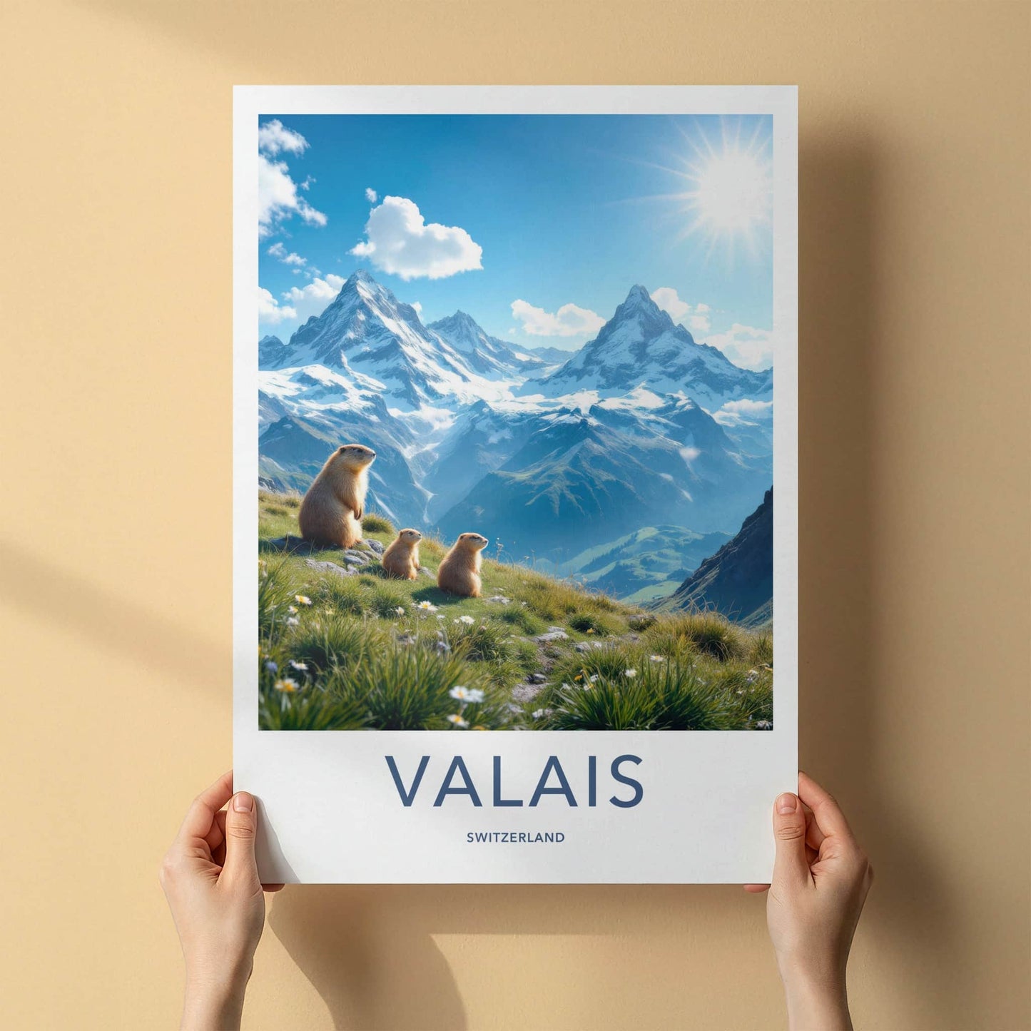 Valais Poster - Switzerland Travel Art - Alpine Marmots Sunny Home Decor