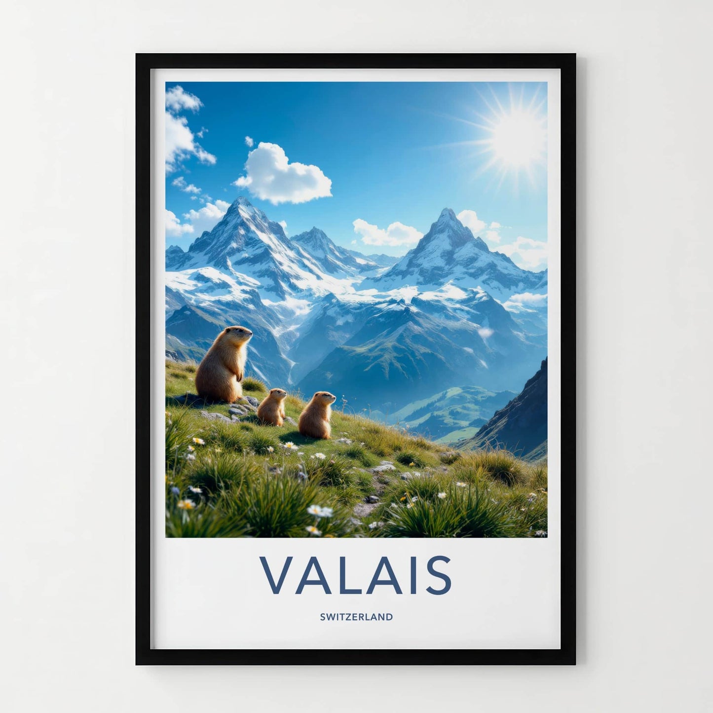 Valais Poster - Switzerland Travel Art - Alpine Marmots Sunny Home Decor