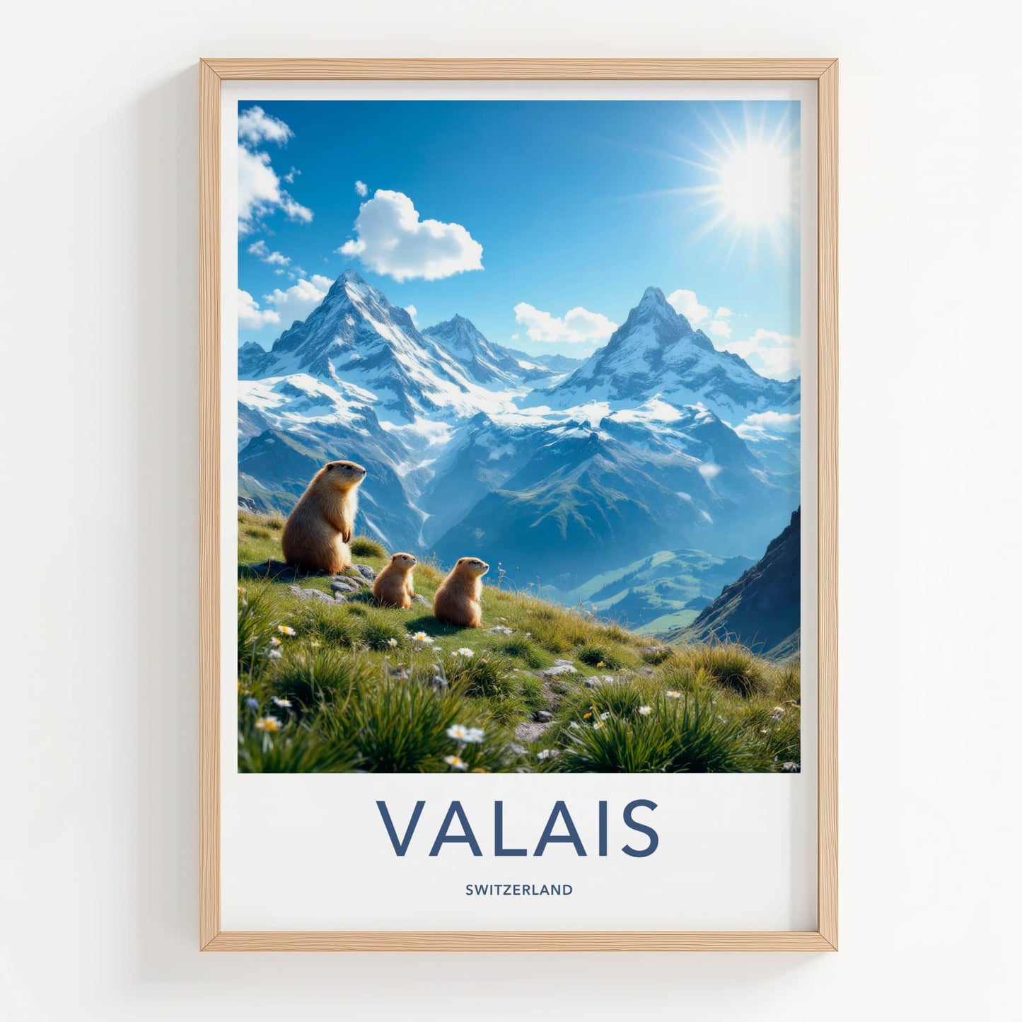 Valais Poster - Switzerland Travel Art - Alpine Marmots Sunny Home Decor
