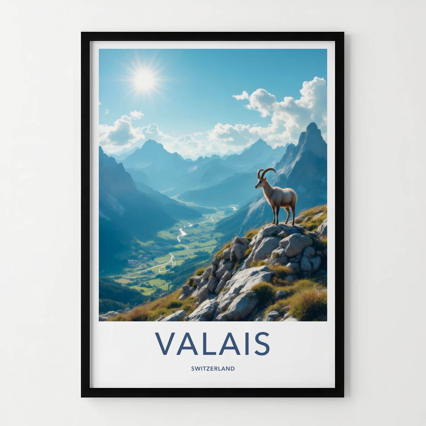 Valais Poster - Switzerland Travel Art - Ibex Mountain Valley Home Decor