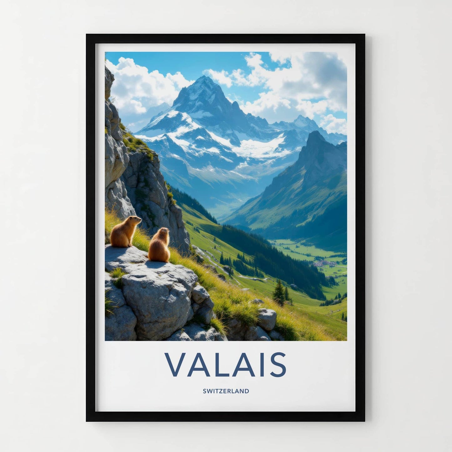 Valais Poster - Switzerland Travel Art - Marmots Mountain Peaks Home Decor