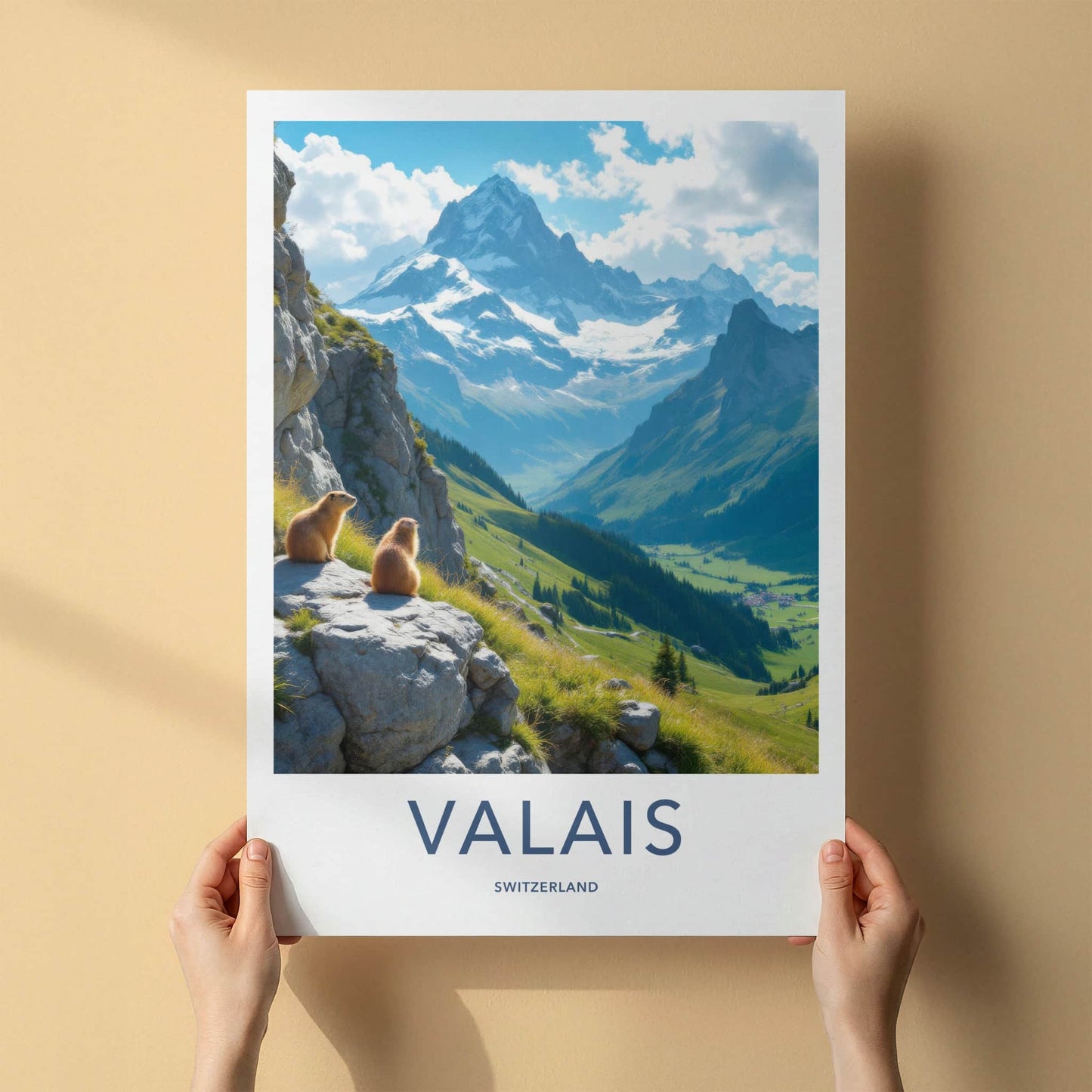 Valais Poster - Switzerland Travel Art - Marmots Mountain Peaks Home Decor