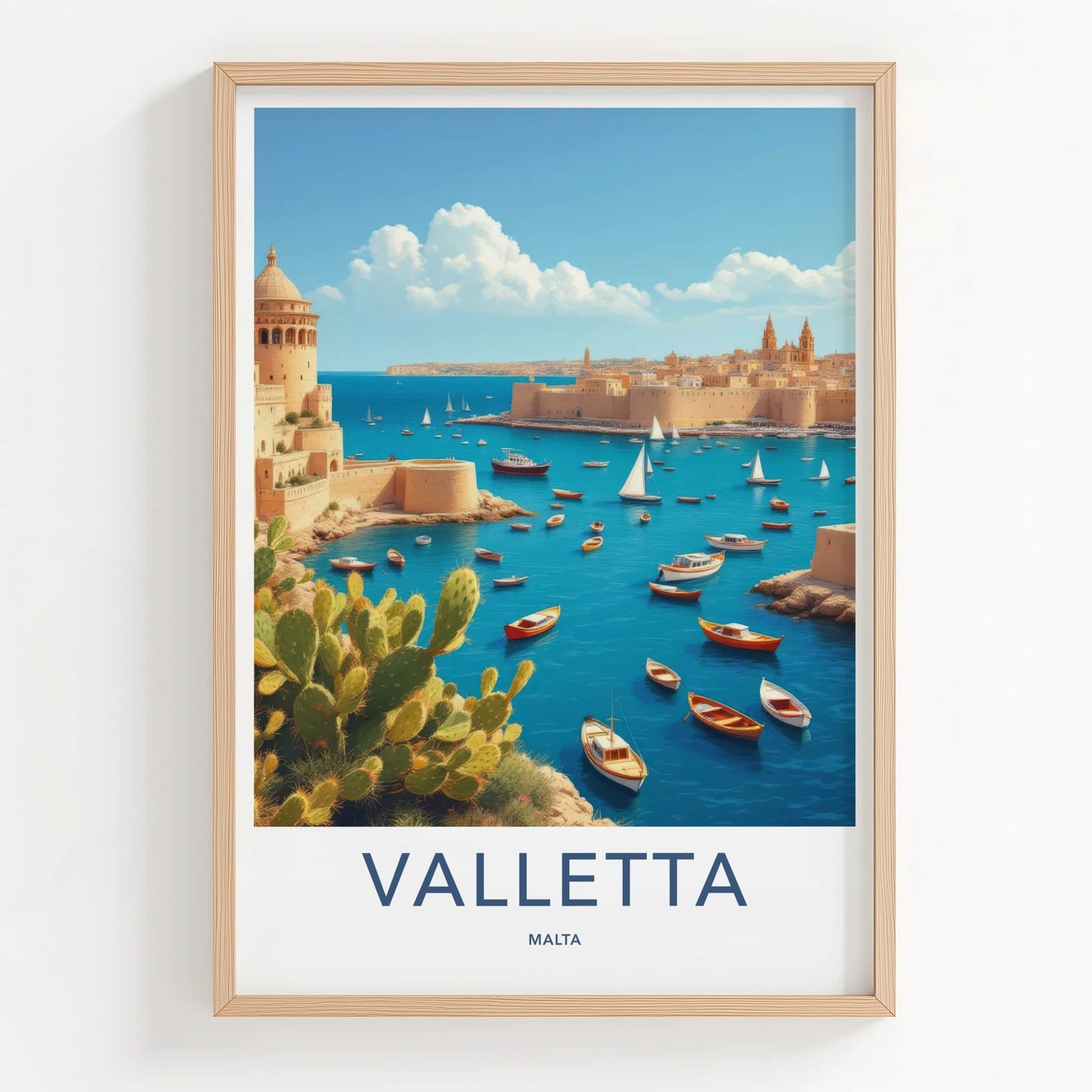 Valletta Poster - Malta Travel Art - Historic Bay Boats Home Decor