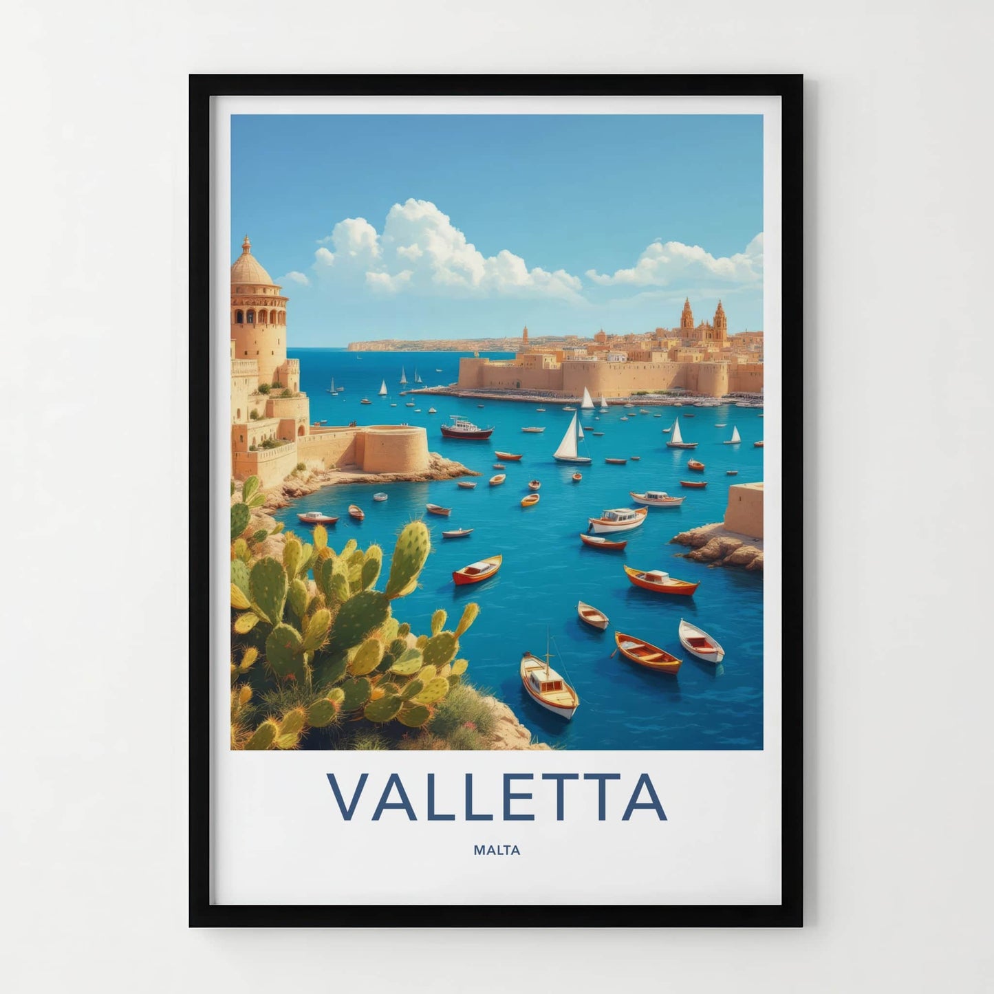 Valletta Poster - Malta Travel Art - Historic Bay Boats Home Decor