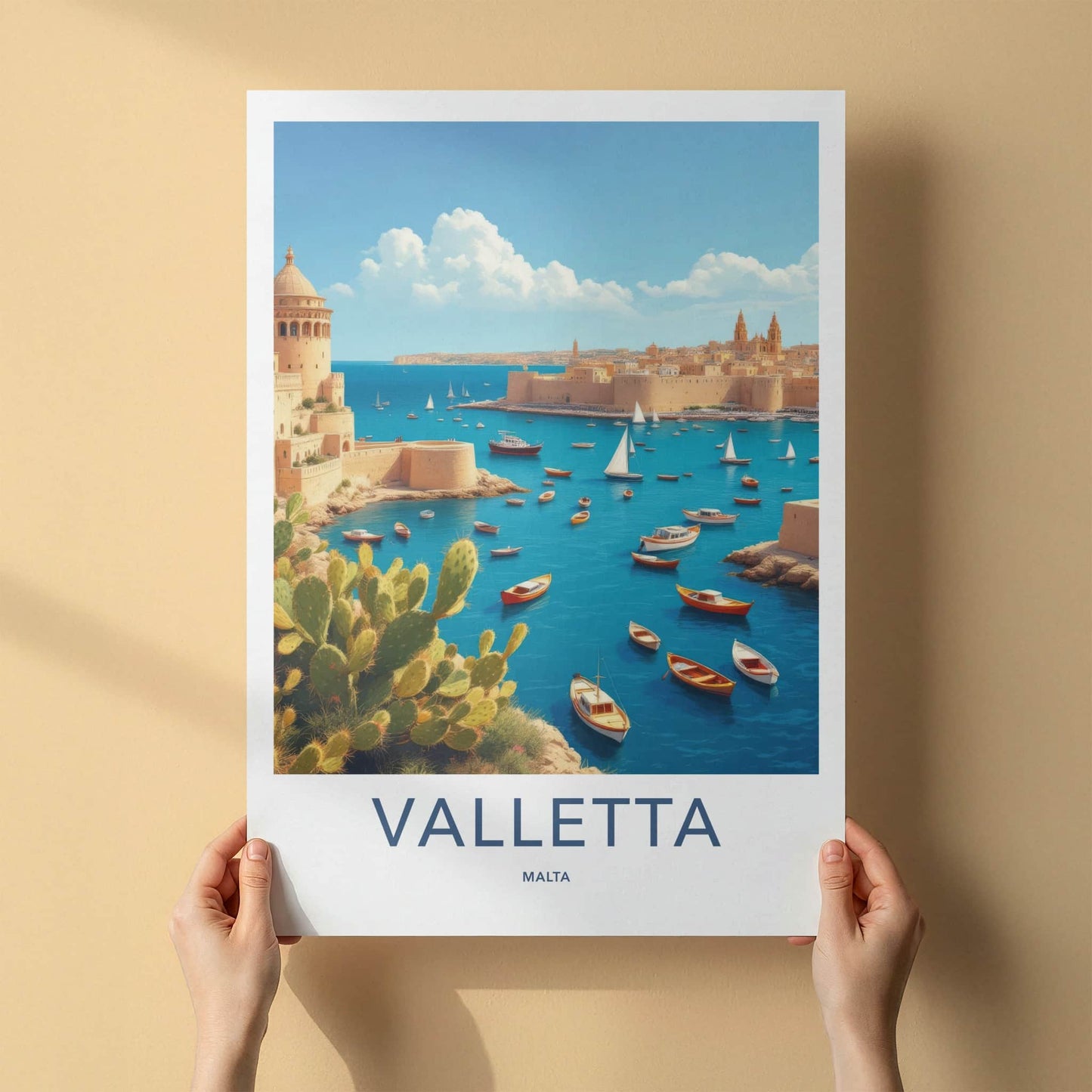 Valletta Poster - Malta Travel Art - Historic Bay Boats Home Decor