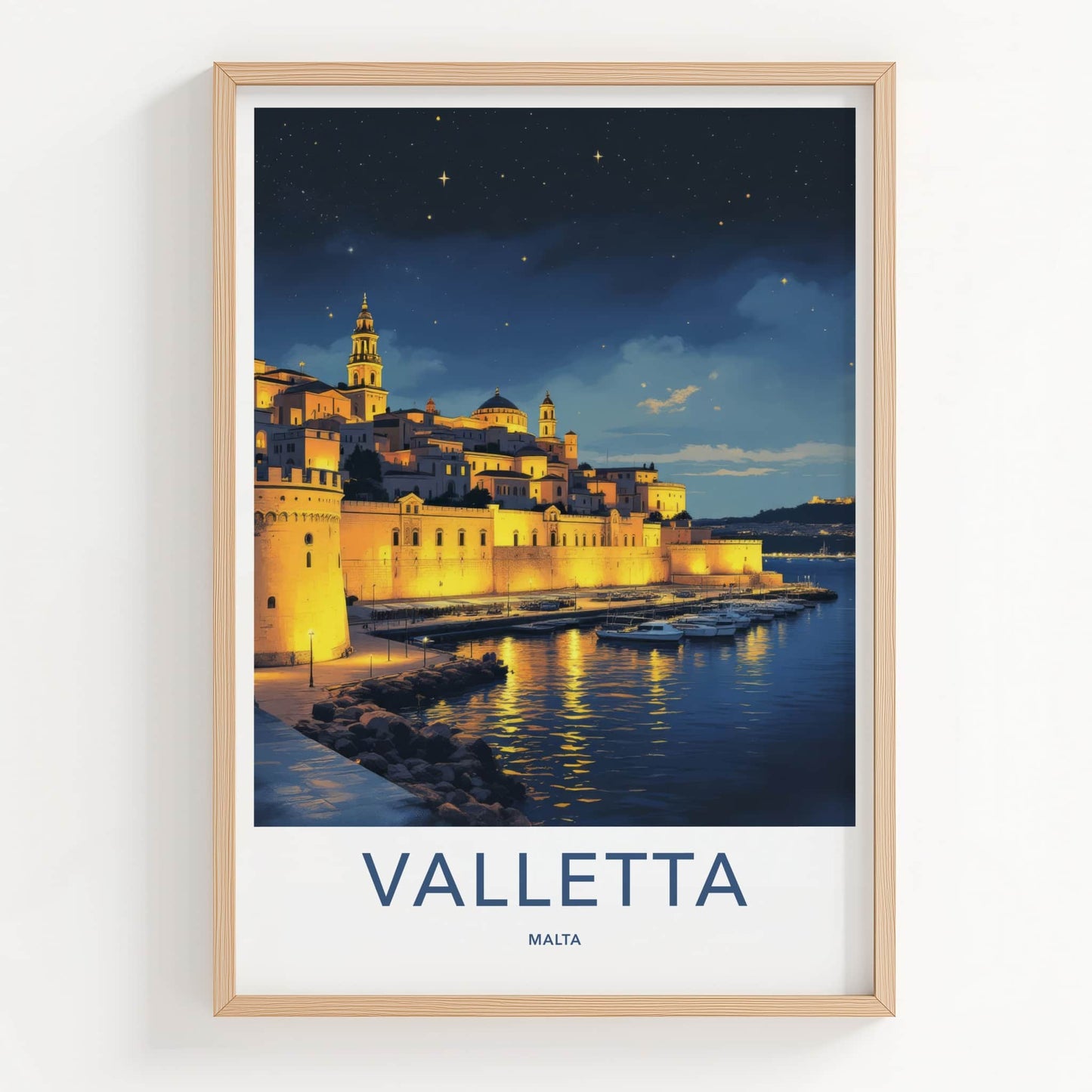 Valletta Poster - Malta Travel Art - Illuminated City Marina Wall Decor