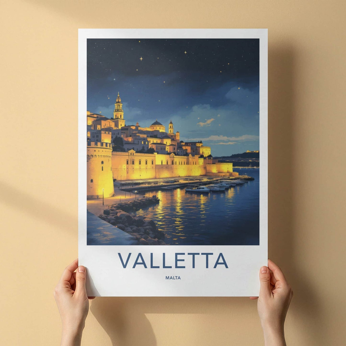 Valletta Poster - Malta Travel Art - Illuminated City Marina Wall Decor
