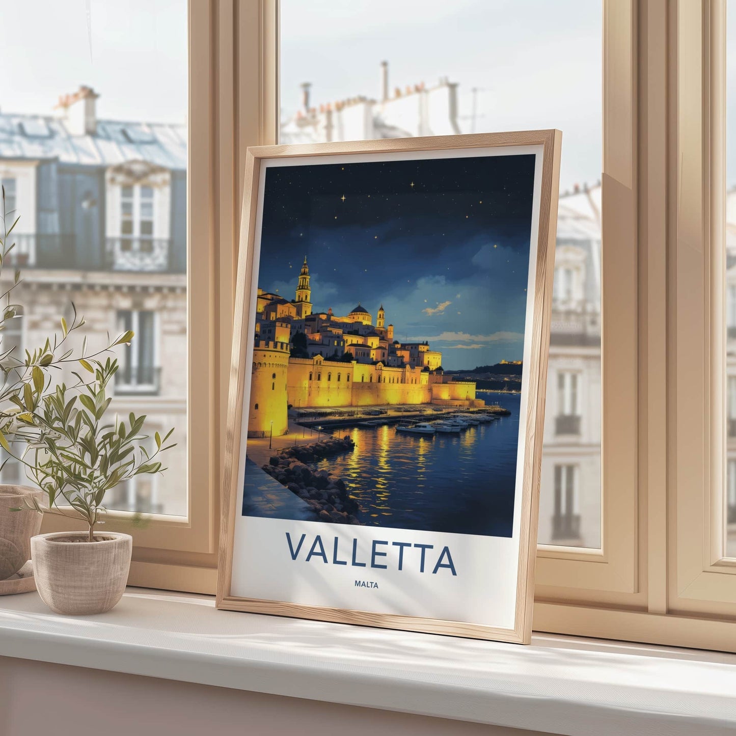 Valletta Poster - Malta Travel Art - Illuminated City Marina Wall Decor