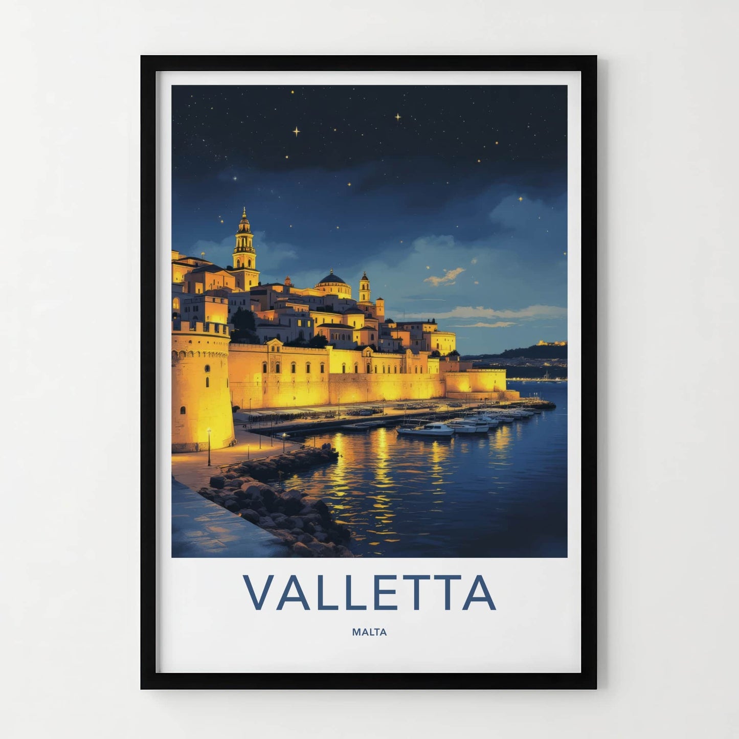 Valletta Poster - Malta Travel Art - Illuminated City Marina Wall Decor