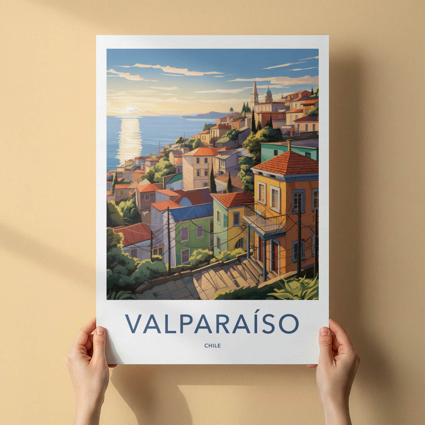 Valparaiso Poster - Chile Travel Art - Hillside Ocean Sunset Home Decor