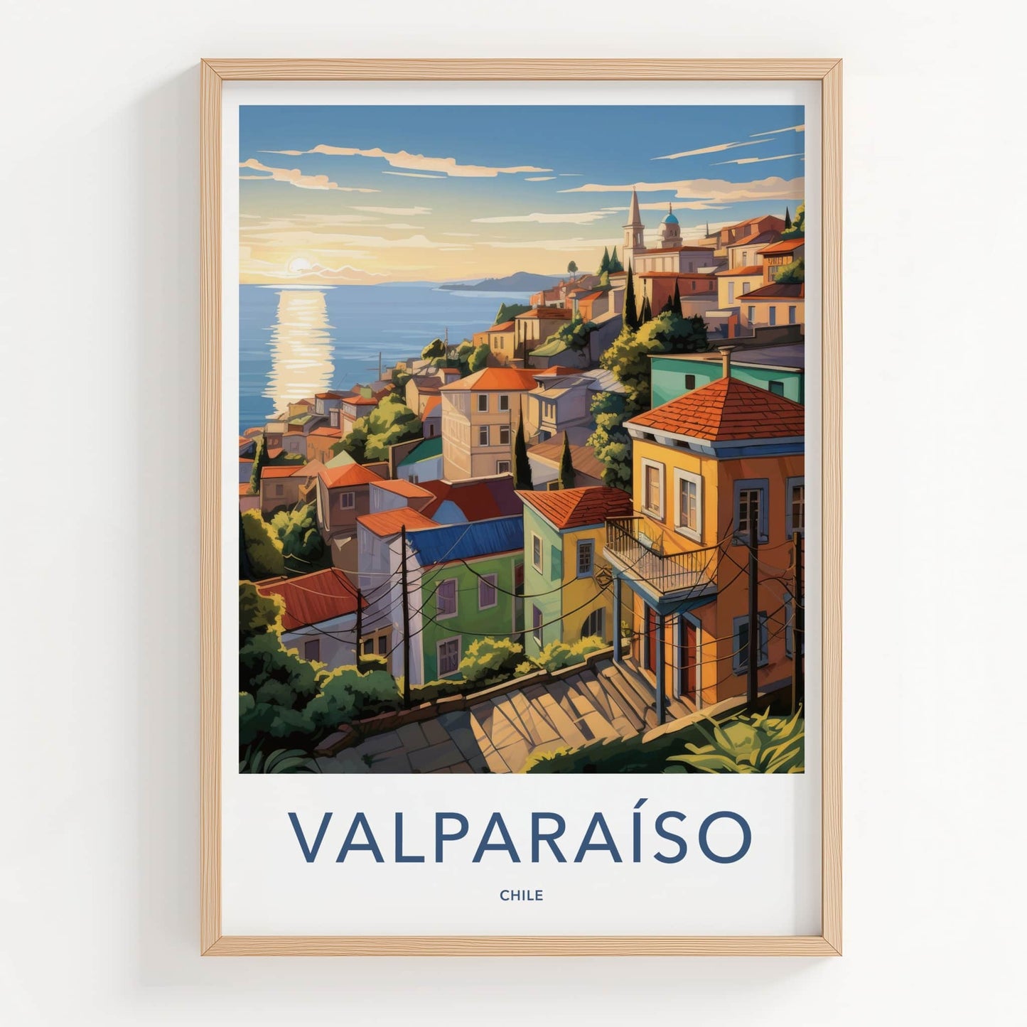 Valparaiso Poster - Chile Travel Art - Hillside Ocean Sunset Home Decor