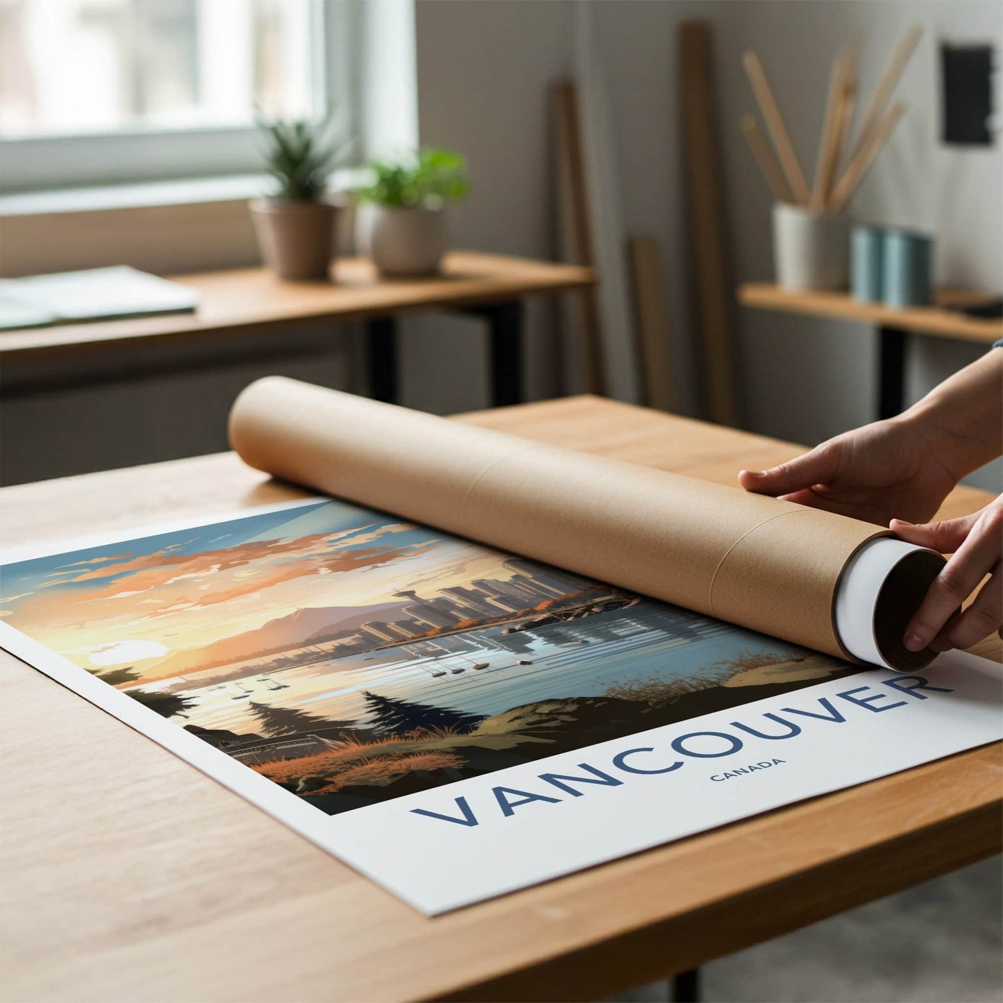 Vancouver Poster - Canada Travel Art - Waterfront Cityscape Sunset Wall Decor