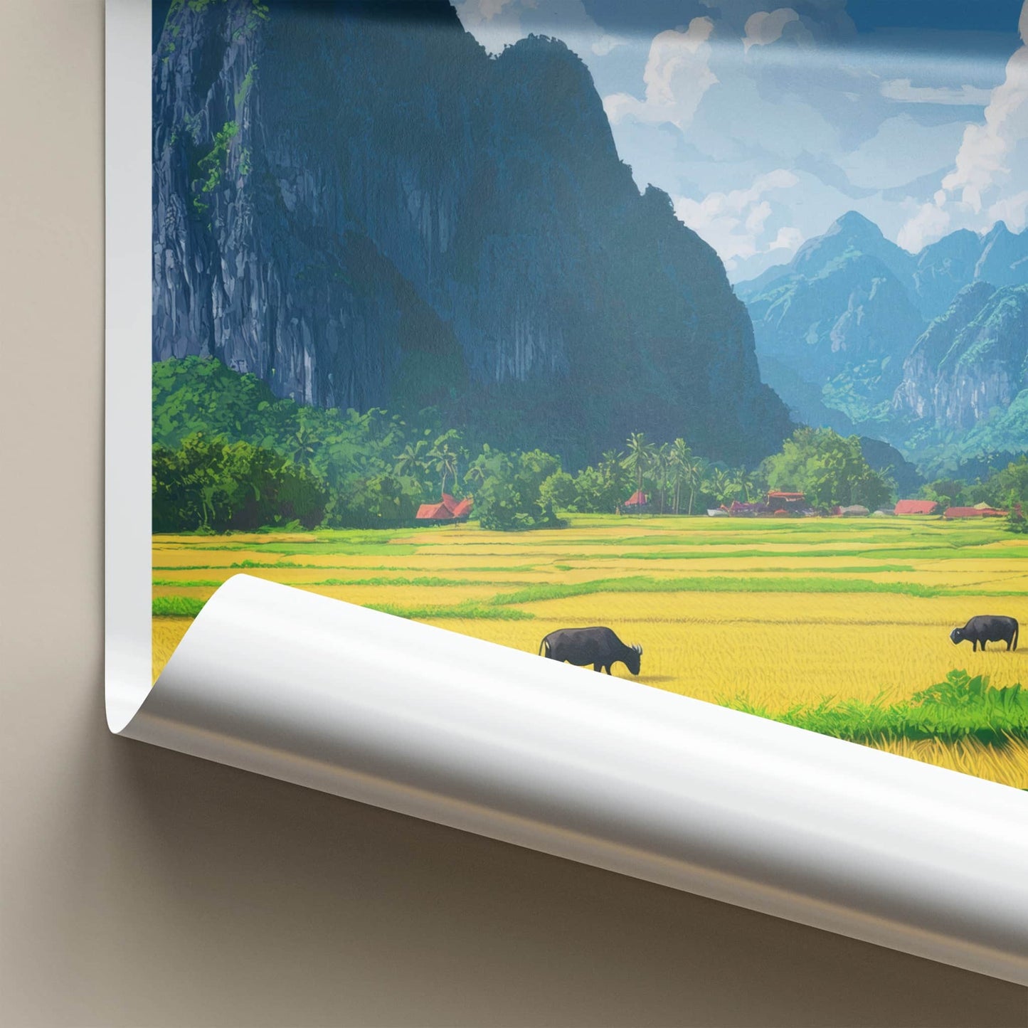 Vang Vieng Poster - Laos Travel Art - Buffalo Rice Fields Home Decor