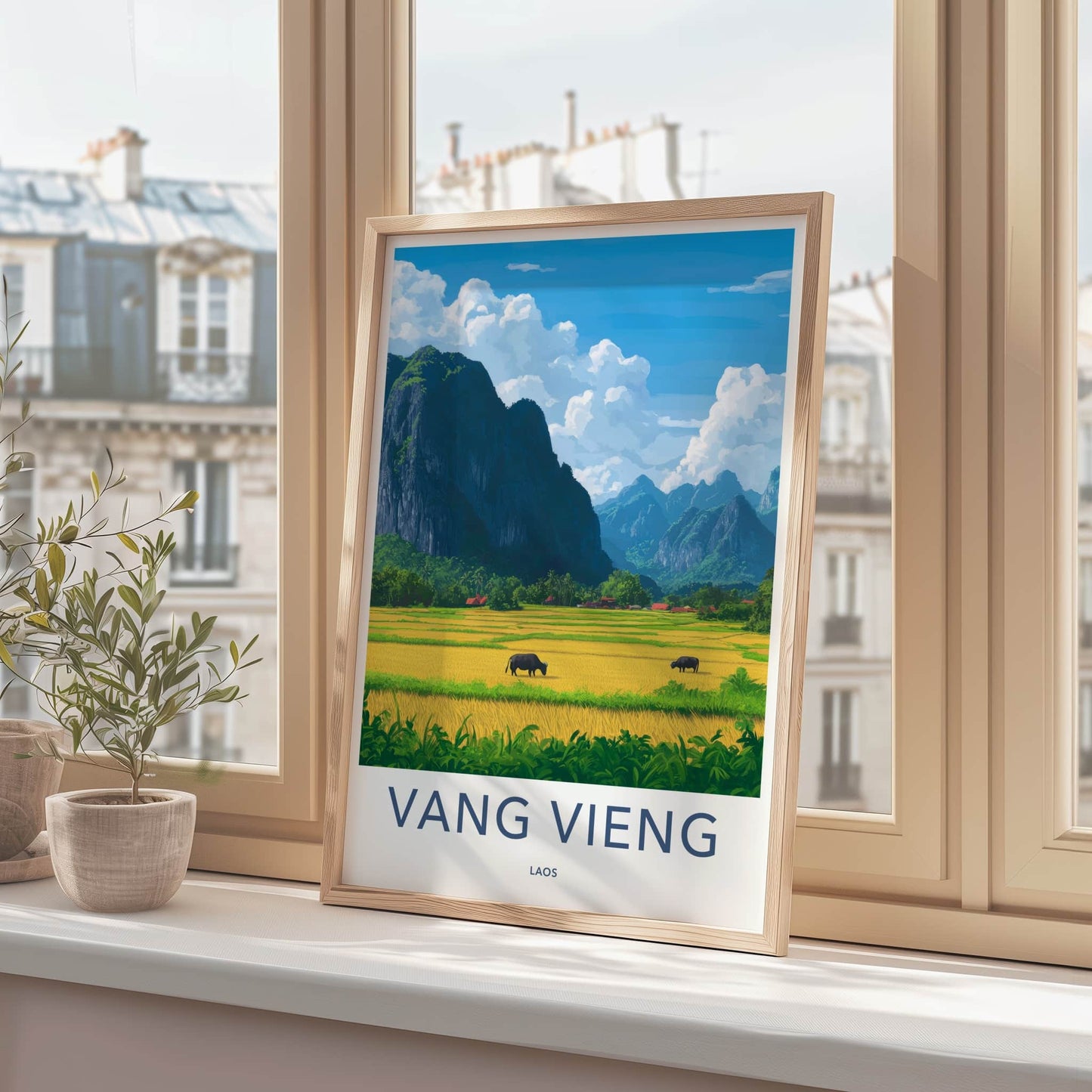 Vang Vieng Poster - Laos Travel Art - Buffalo Rice Fields Home Decor