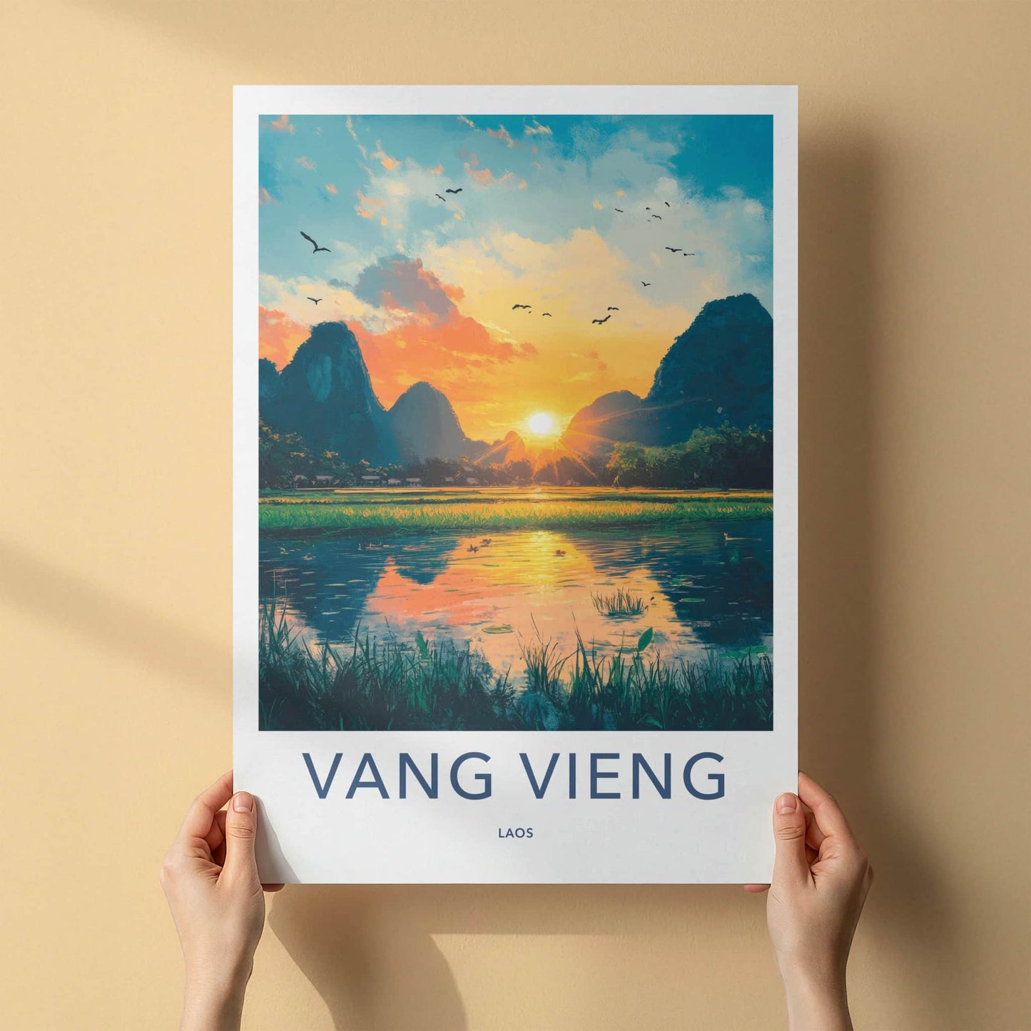 Vang Vieng Poster - Laos Travel Art - Golden Hour Landscape Home Decor