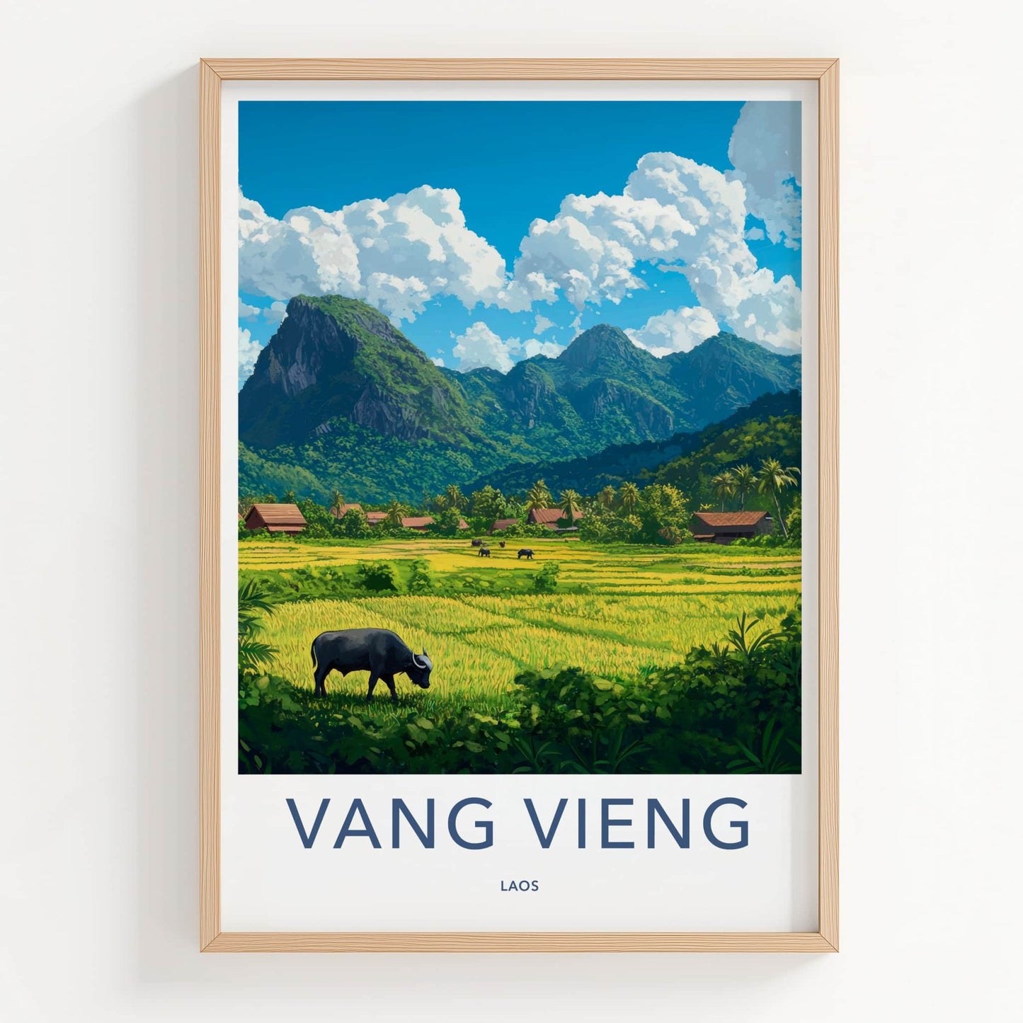 Vang Vieng Poster - Laos Travel Art - Green Rice Paddy Buffalo Home Decor