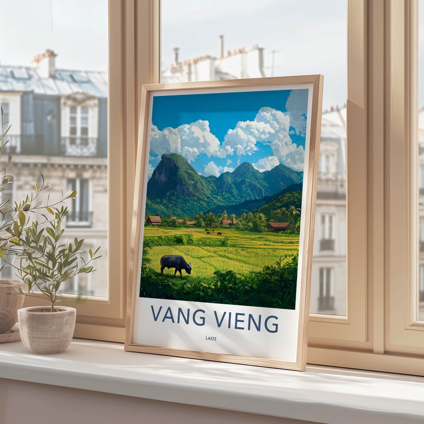 Vang Vieng Poster - Laos Travel Art - Green Rice Paddy Buffalo Home Decor