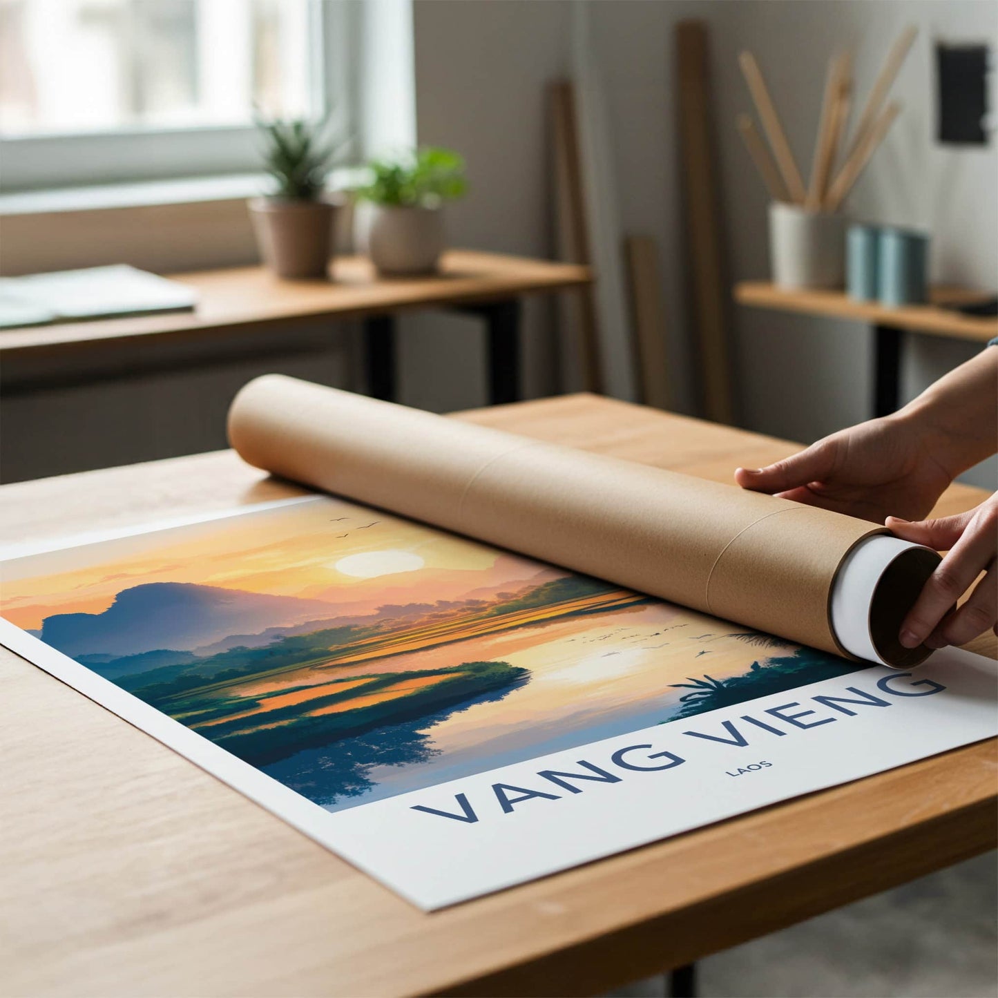 Vang Vieng Poster - Laos Travel Art - Paddy Field Glow Home Decor