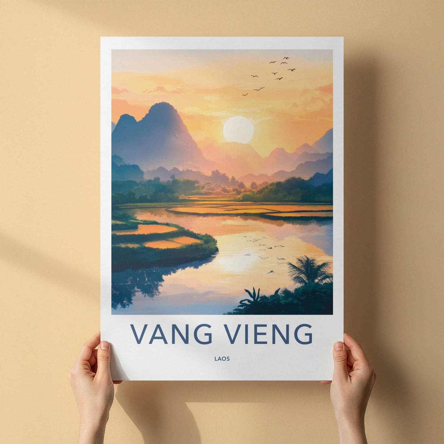 Vang Vieng Poster - Laos Travel Art - Paddy Field Glow Home Decor