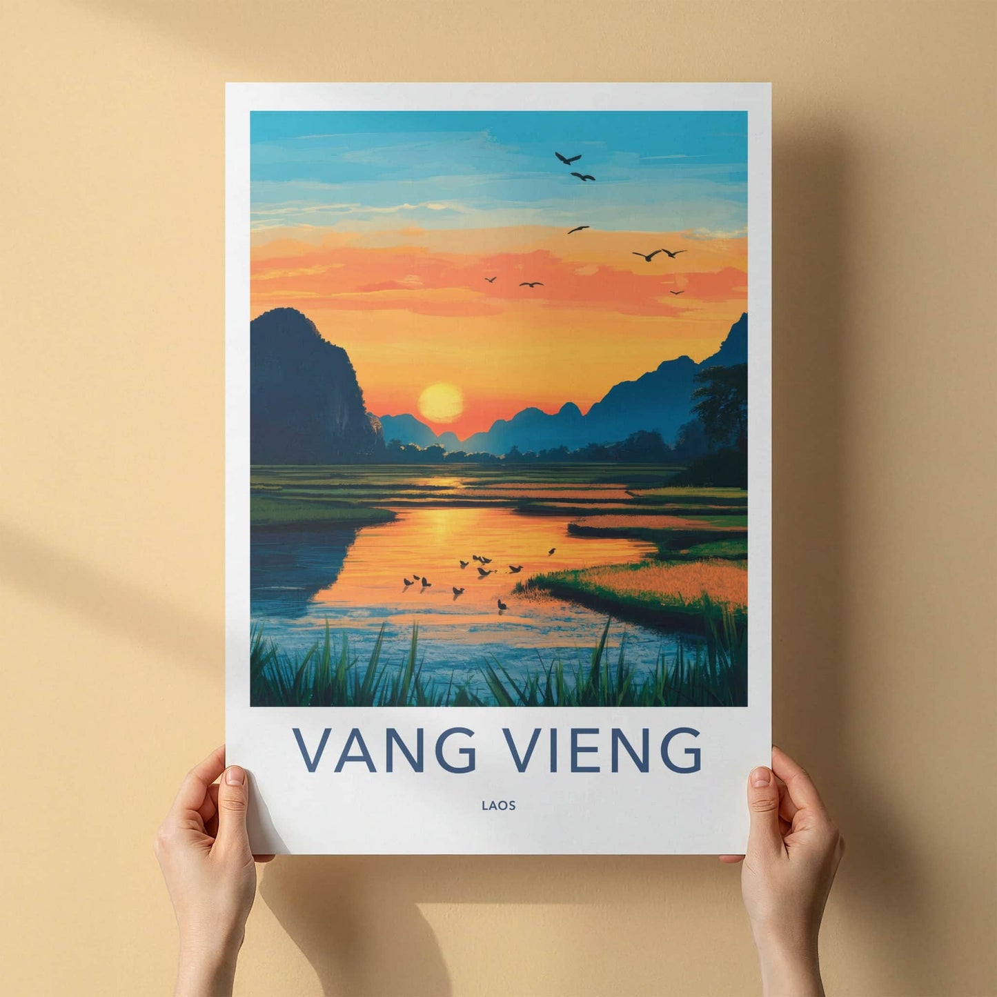 Vang Vieng Poster - Laos Travel Art - River Sunset Mountains Home Decor