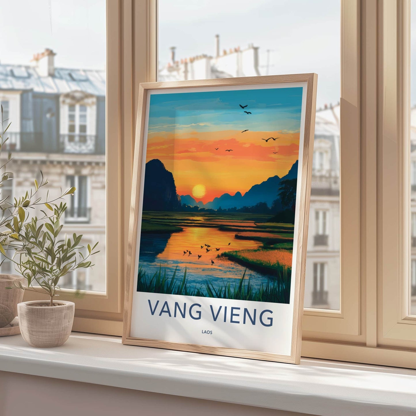 Vang Vieng Poster - Laos Travel Art - River Sunset Mountains Home Decor