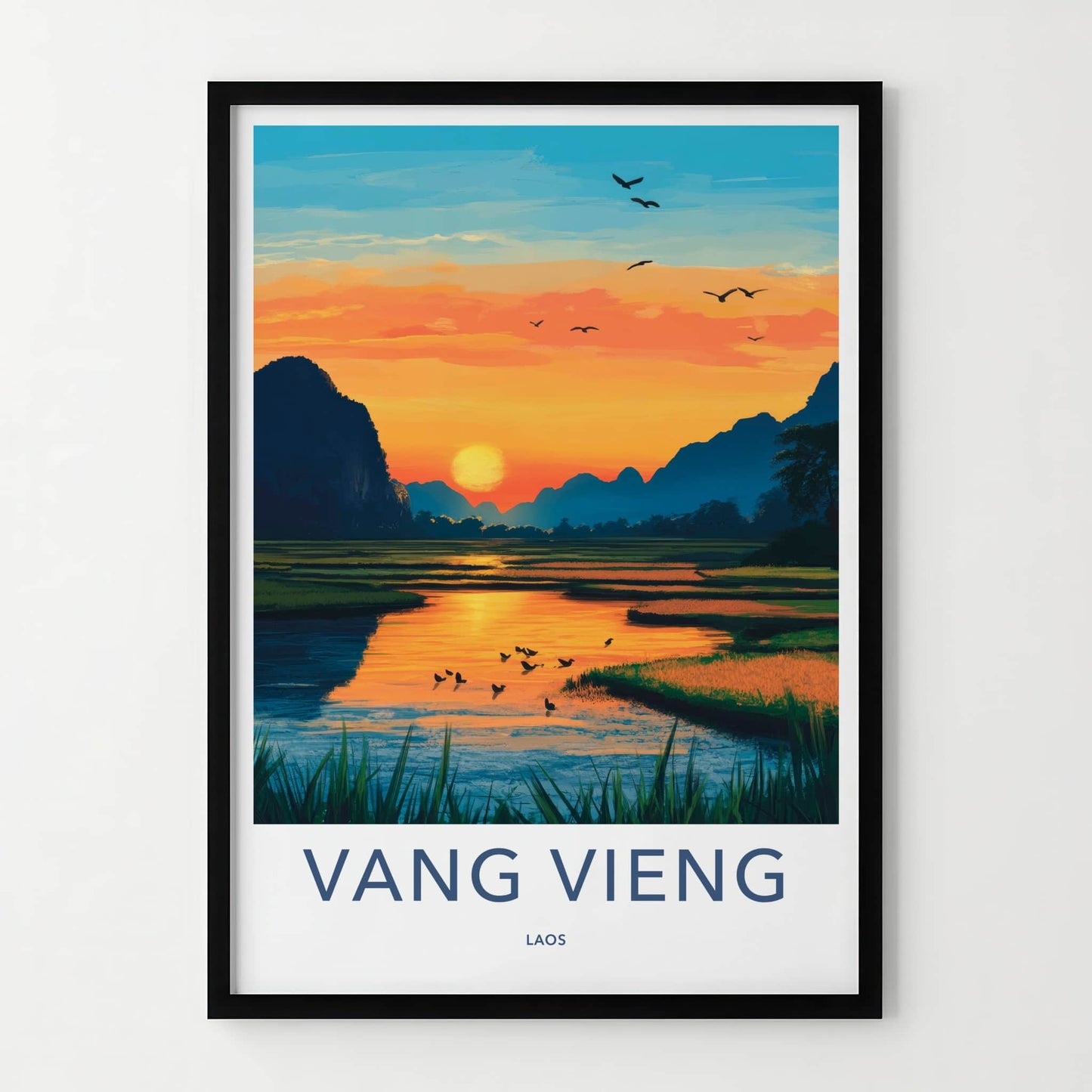 Vang Vieng Poster - Laos Travel Art - River Sunset Mountains Home Decor