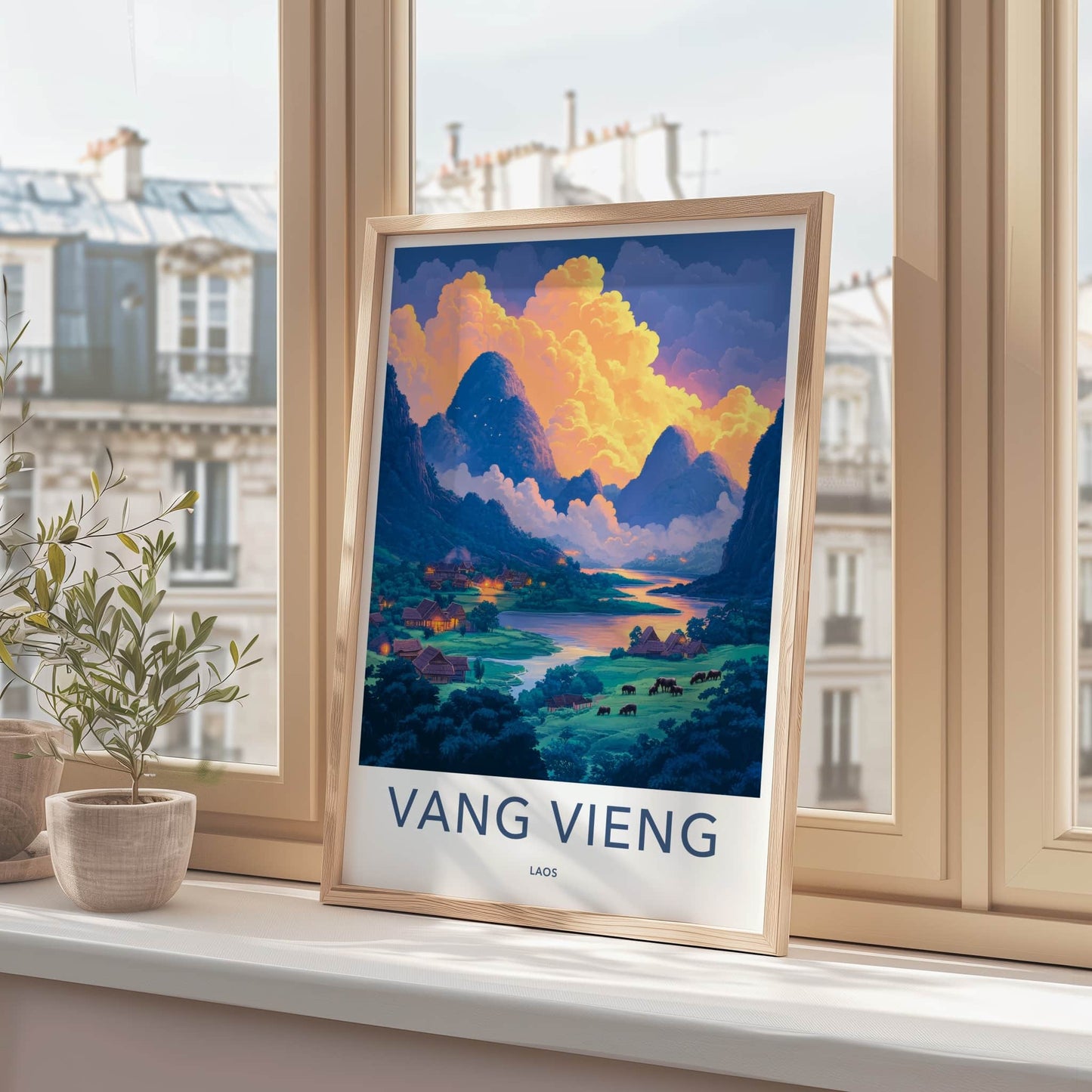 Vang Vieng Poster - Laos Travel Art - Vibrant Village Sunset Home Decor