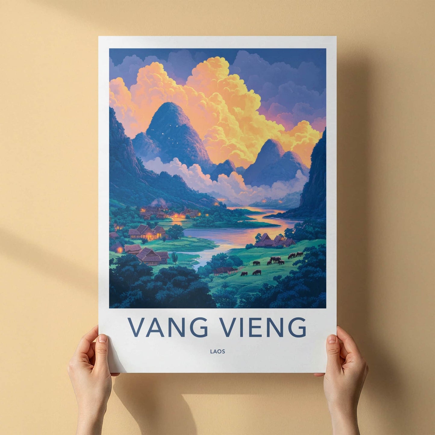 Vang Vieng Poster - Laos Travel Art - Vibrant Village Sunset Home Decor