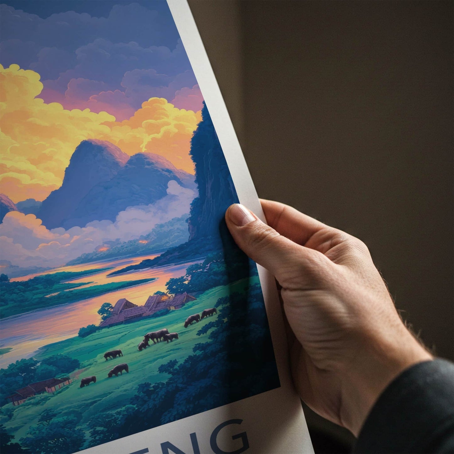Vang Vieng Poster - Laos Travel Art - Vibrant Village Sunset Home Decor