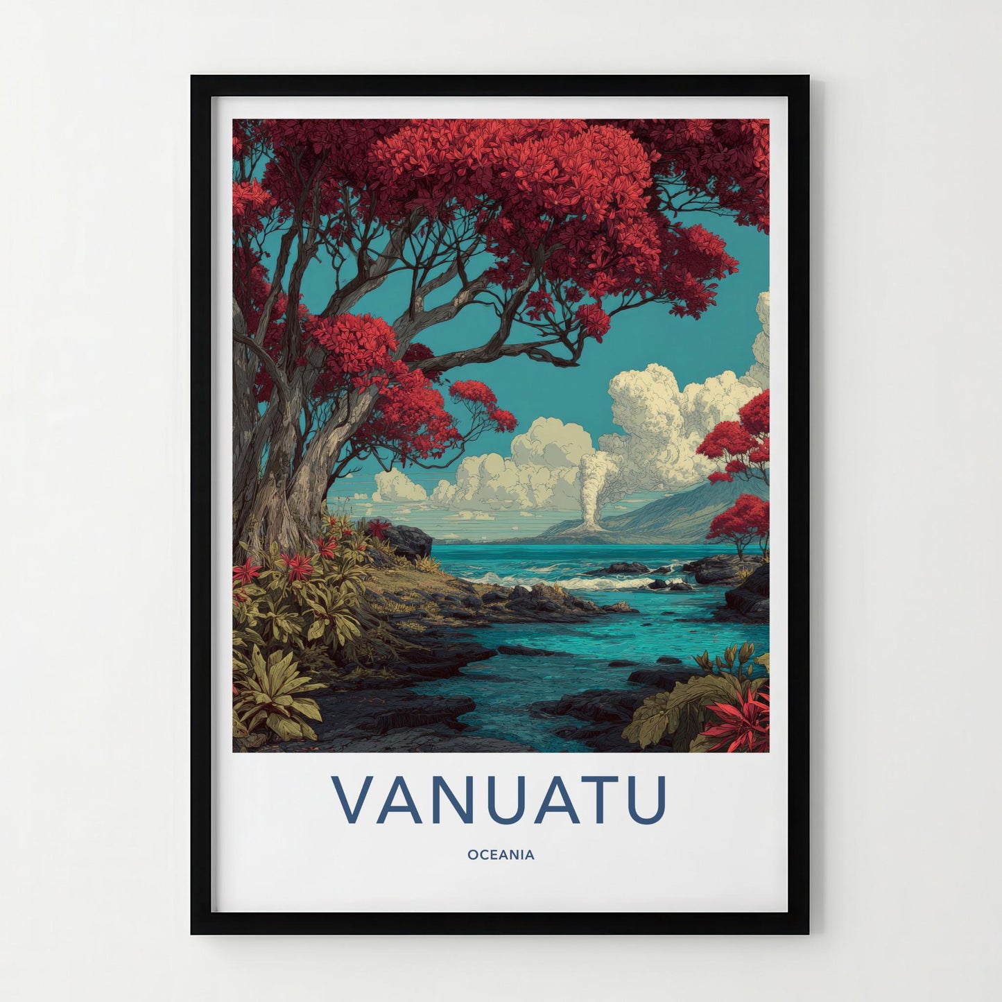 Vanuatu Poster - Vanuatu Travel Art - Smoking Volcano Ocean Home Decor