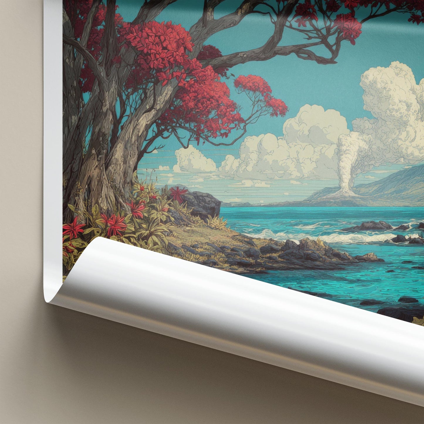 Vanuatu Poster - Vanuatu Travel Art - Smoking Volcano Ocean Home Decor