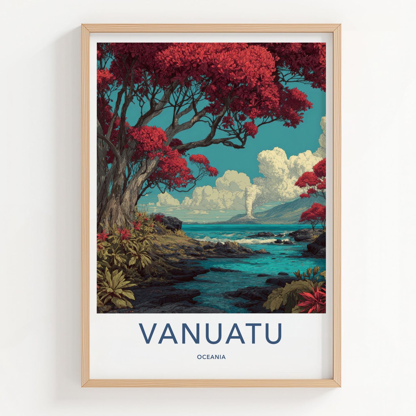 Vanuatu Poster - Vanuatu Travel Art - Smoking Volcano Ocean Home Decor