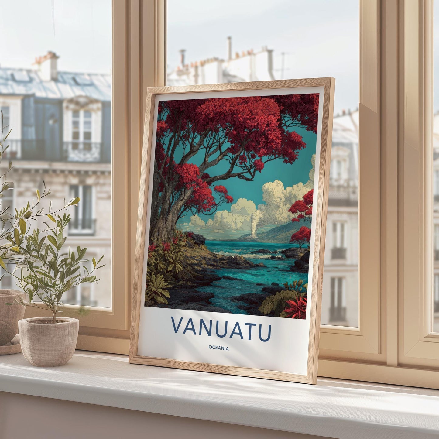 Vanuatu Poster - Vanuatu Travel Art - Smoking Volcano Ocean Home Decor