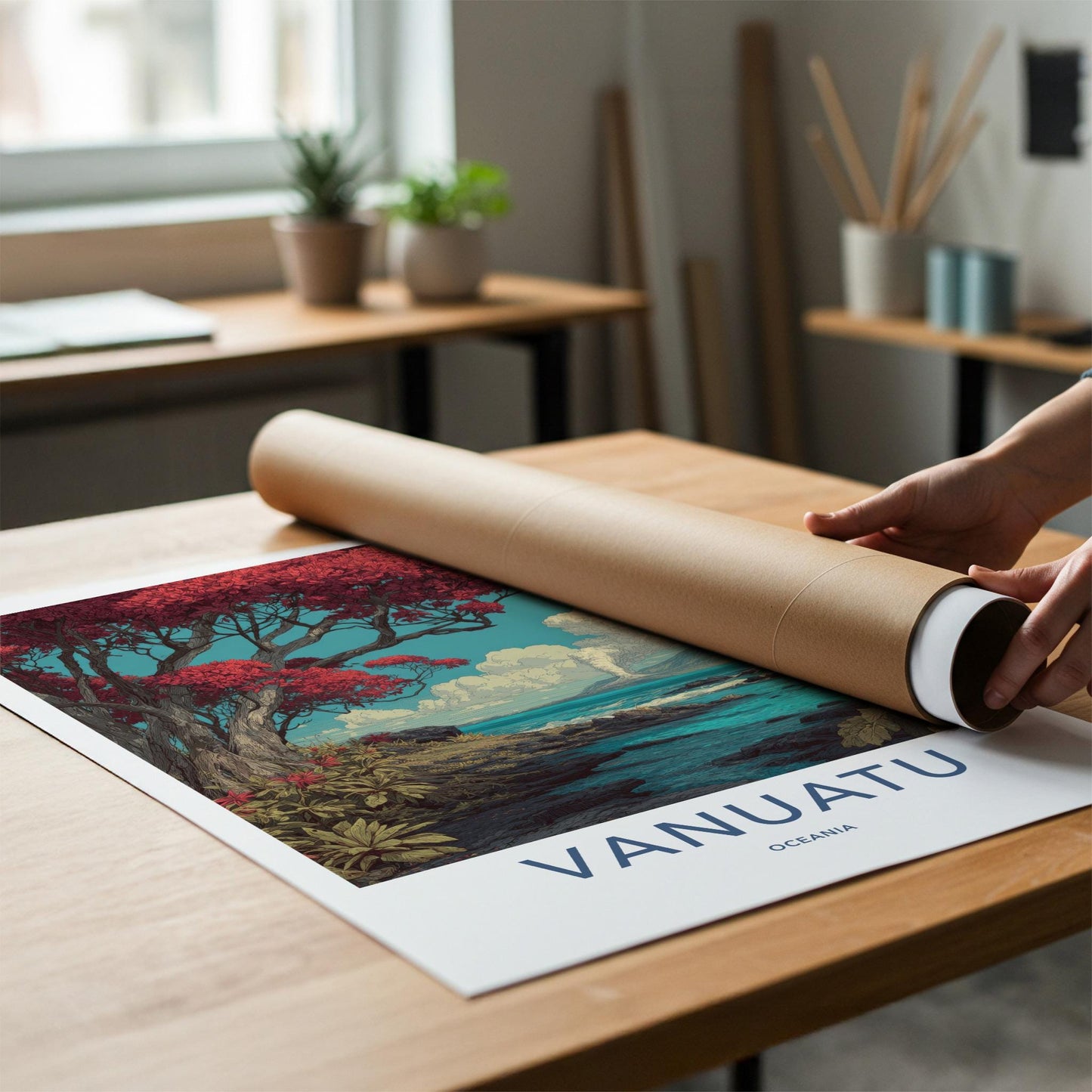 Vanuatu Poster - Vanuatu Travel Art - Smoking Volcano Ocean Home Decor
