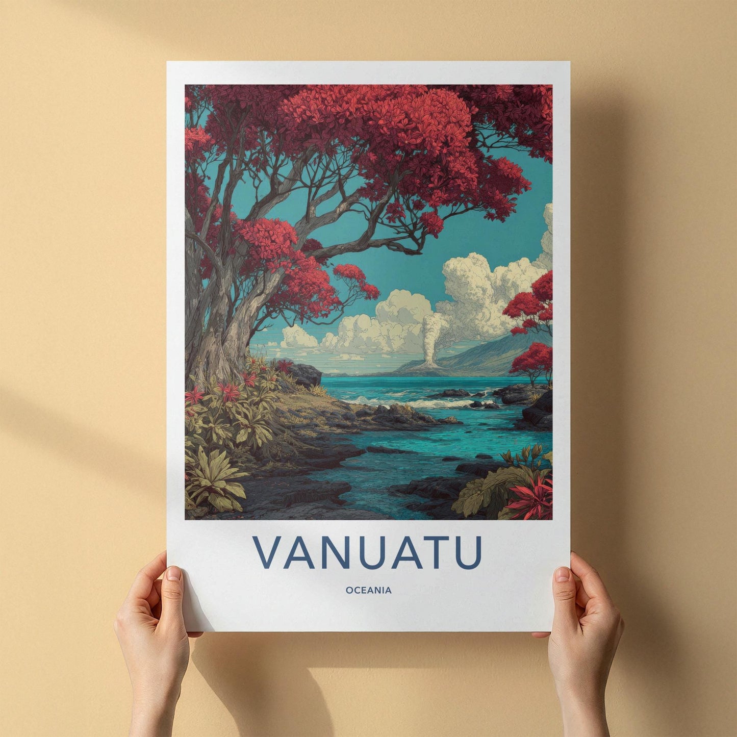 Vanuatu Poster - Vanuatu Travel Art - Smoking Volcano Ocean Home Decor