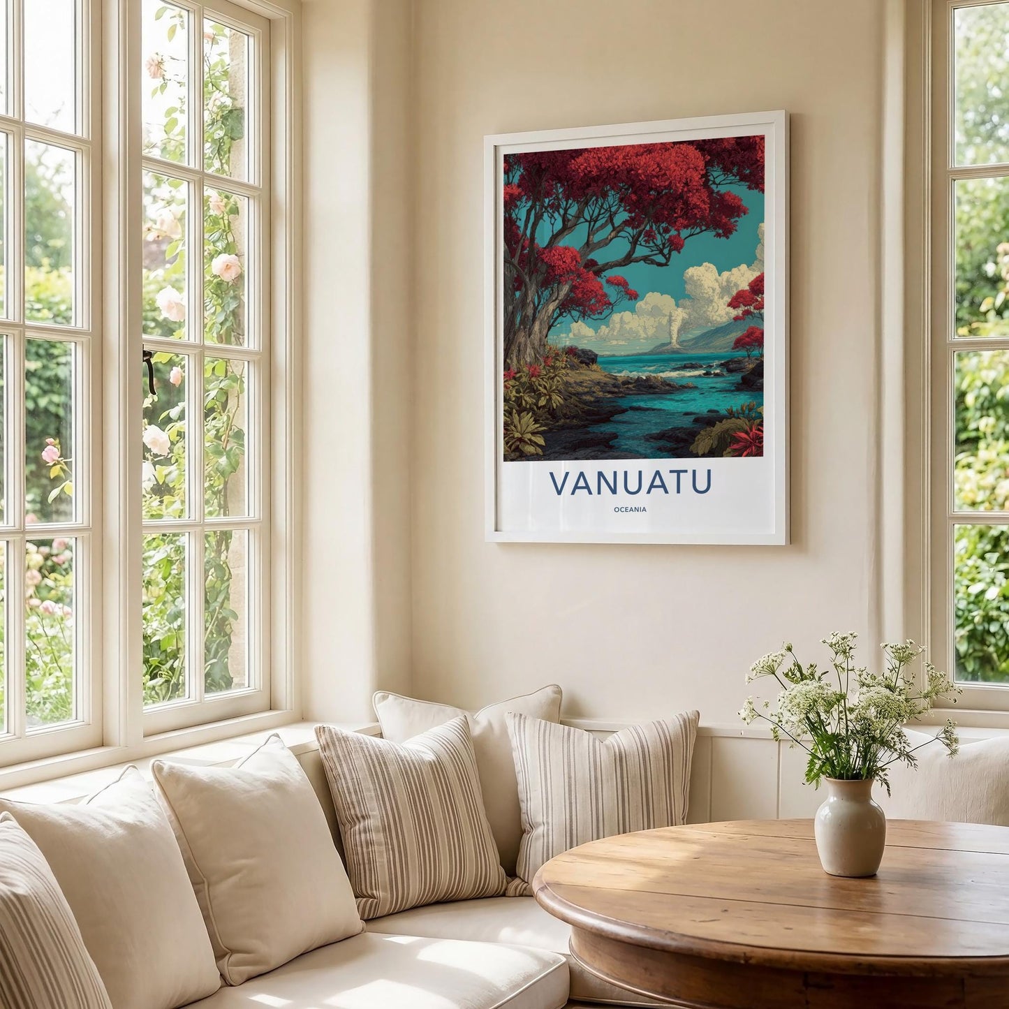 Vanuatu Poster - Vanuatu Travel Art - Smoking Volcano Ocean Home Decor