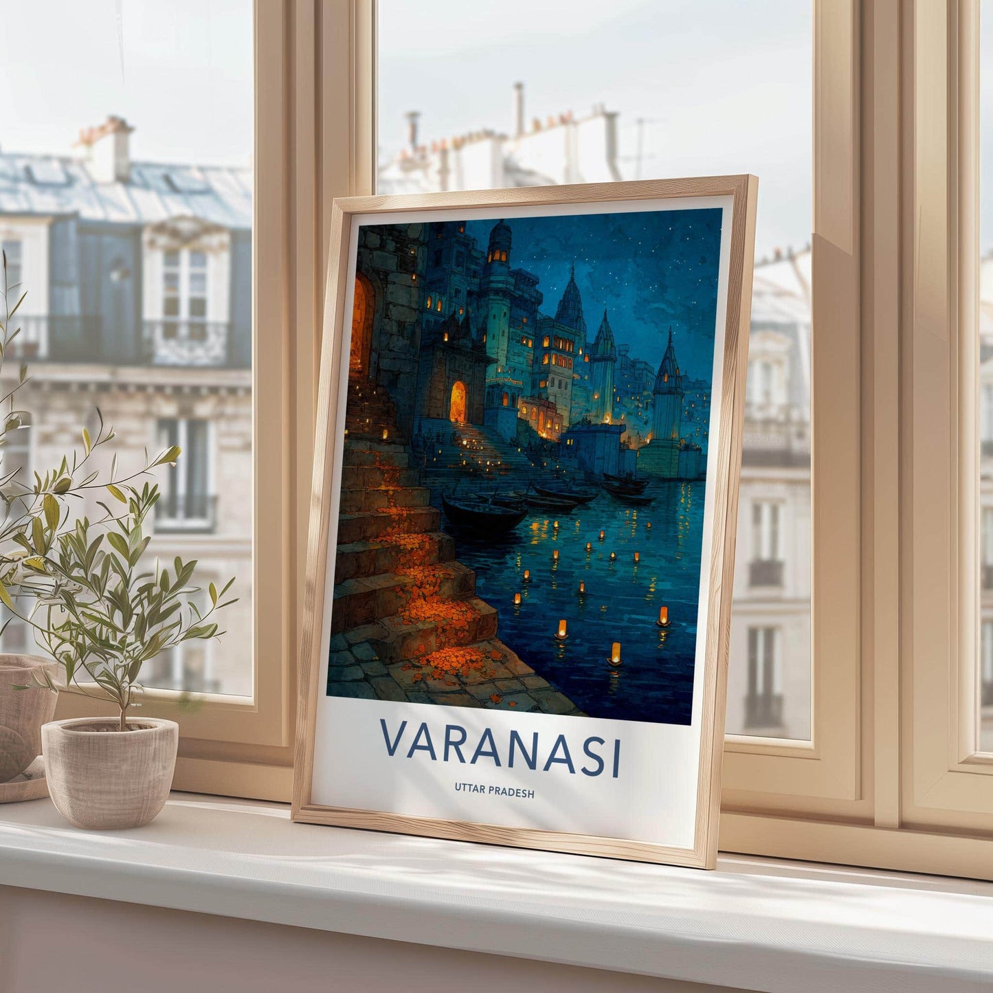 Varanasi Poster - India Travel Art - Uttar Pradesh Ghat Lights Home Decor