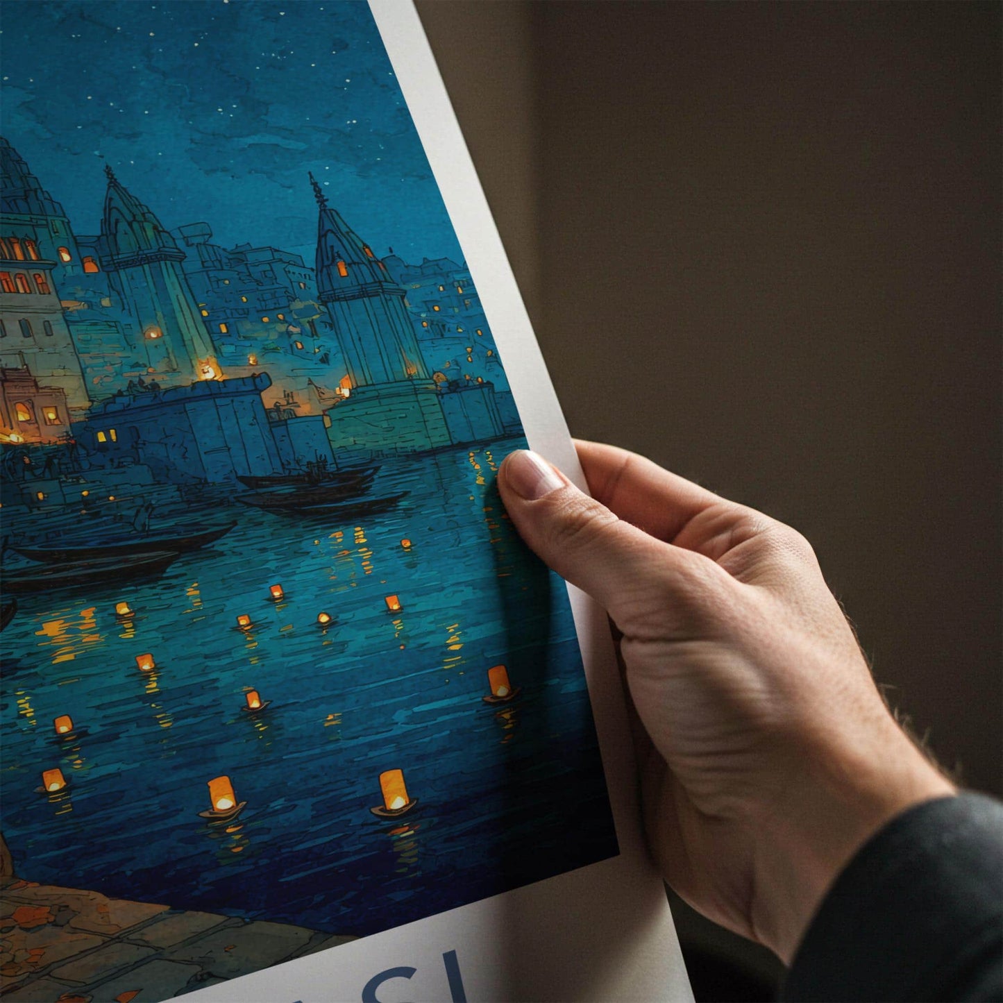 Varanasi Poster - India Travel Art - Uttar Pradesh Ghat Lights Home Decor